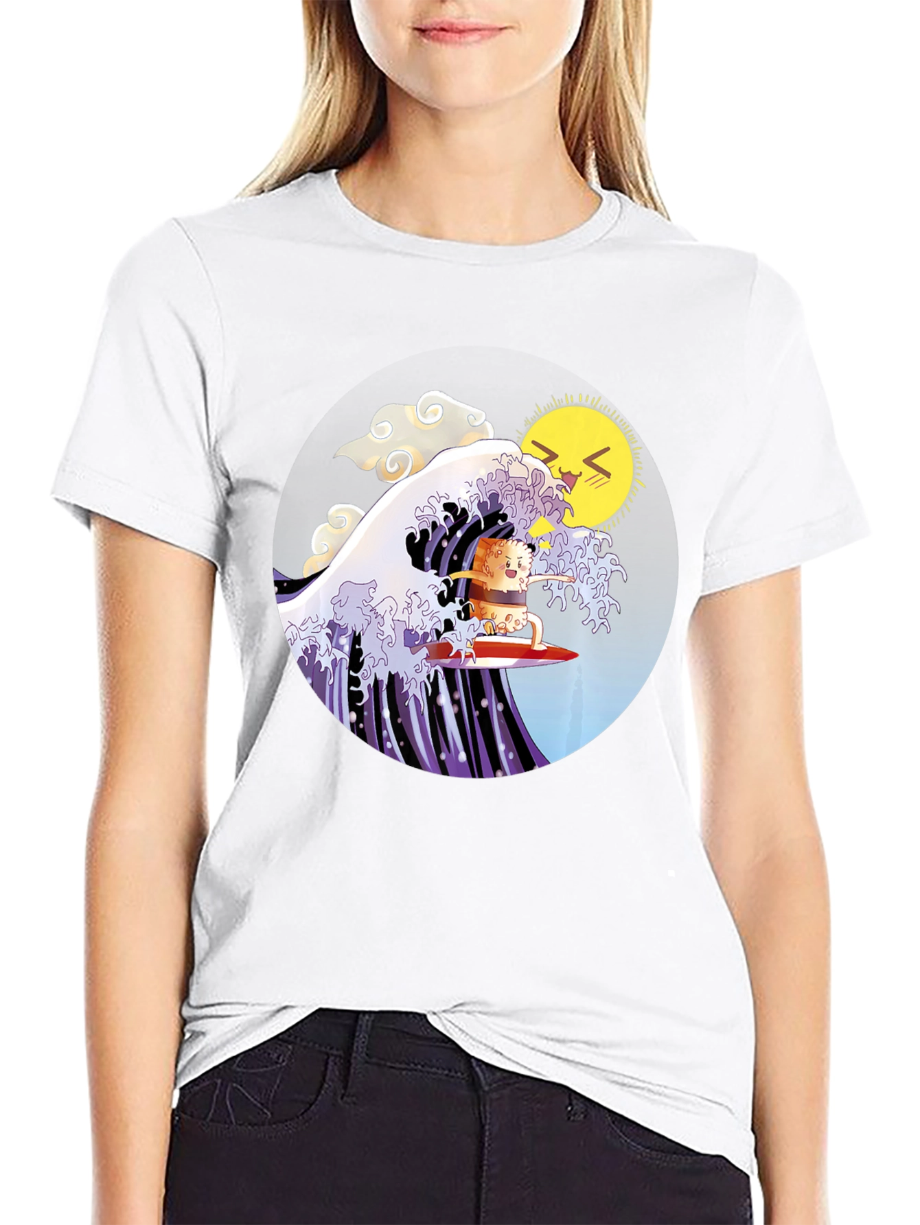 Black Sushi Surfer T-Shirt - Kawaii Wave Design view 9