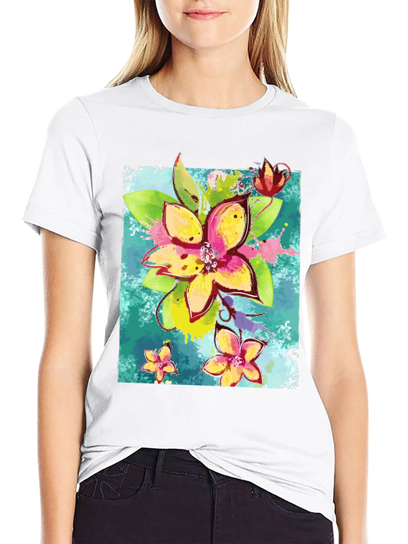 Black Floral Print Men's Black T-Shirt view 9