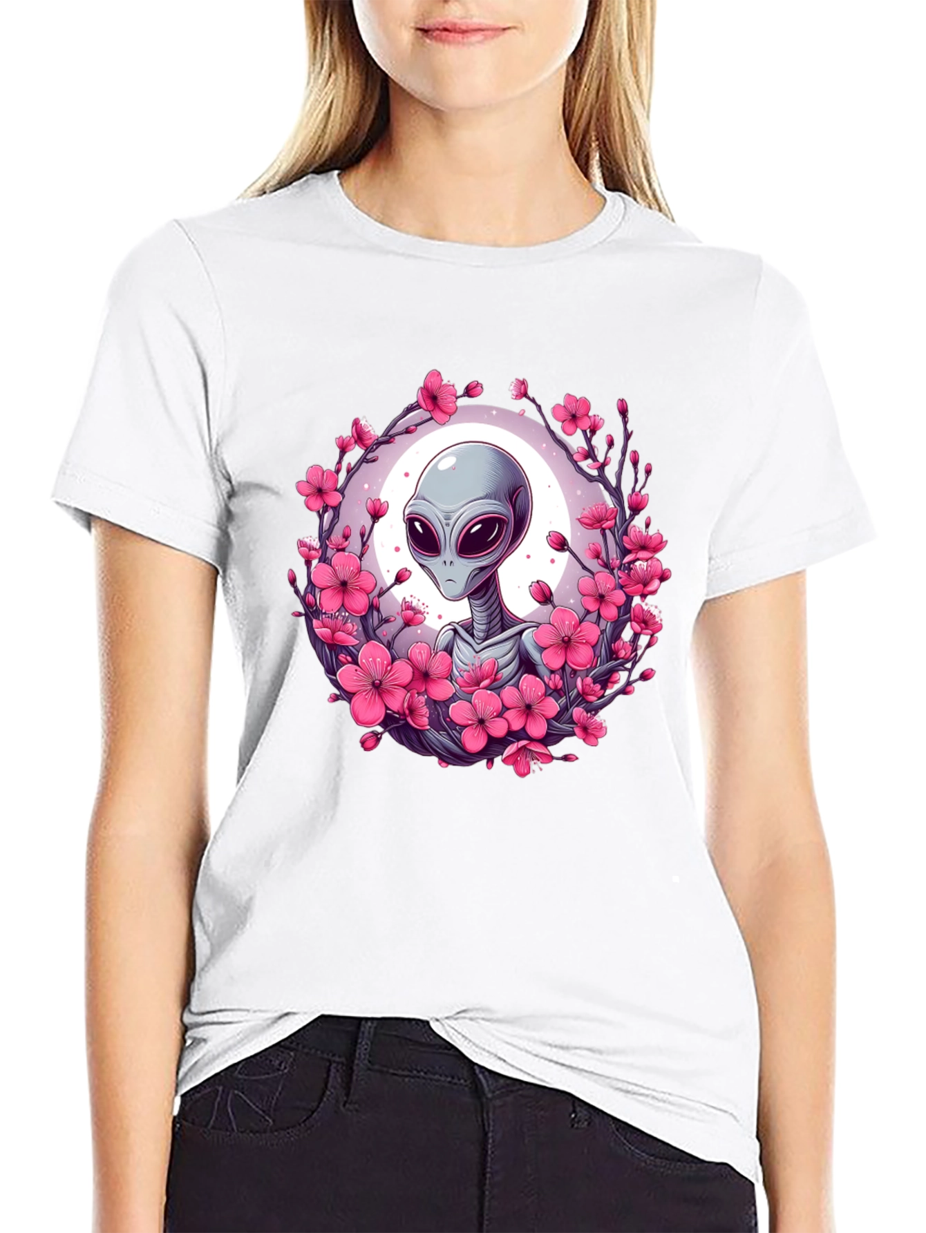Black Alien in Cherry Blossoms Graphic Tee - Black view 9
