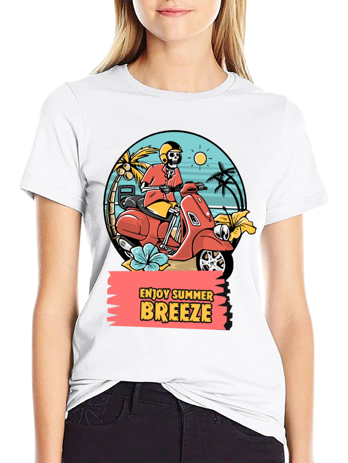 Black Summer Breeze Skeleton Scooter Graphic Tee view 9