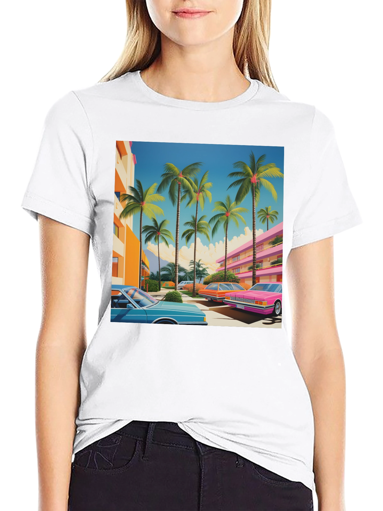 Black Retro Miami Palm Tree Cars T-Shirt view 9
