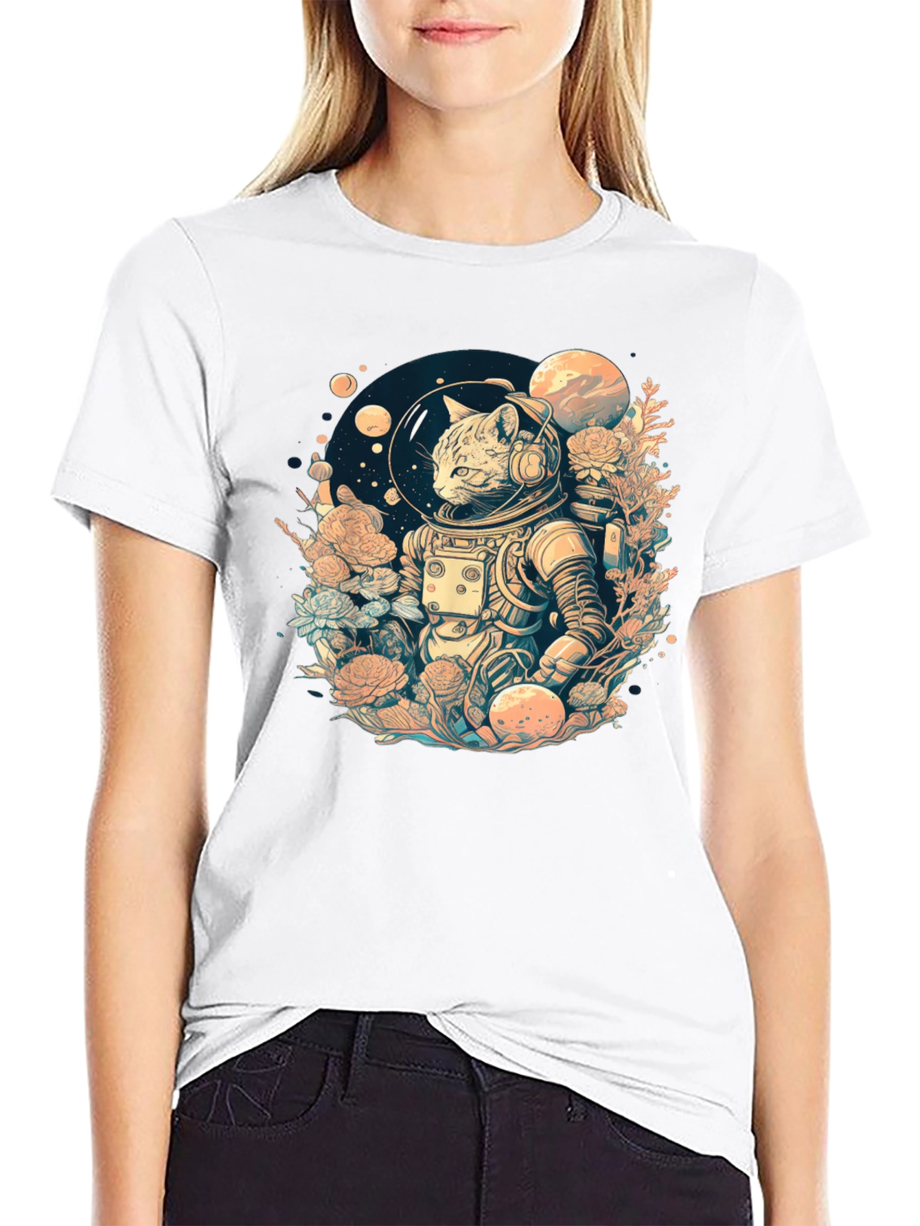 Black Cosmic Cat Astronaut Graphic Tee view 9