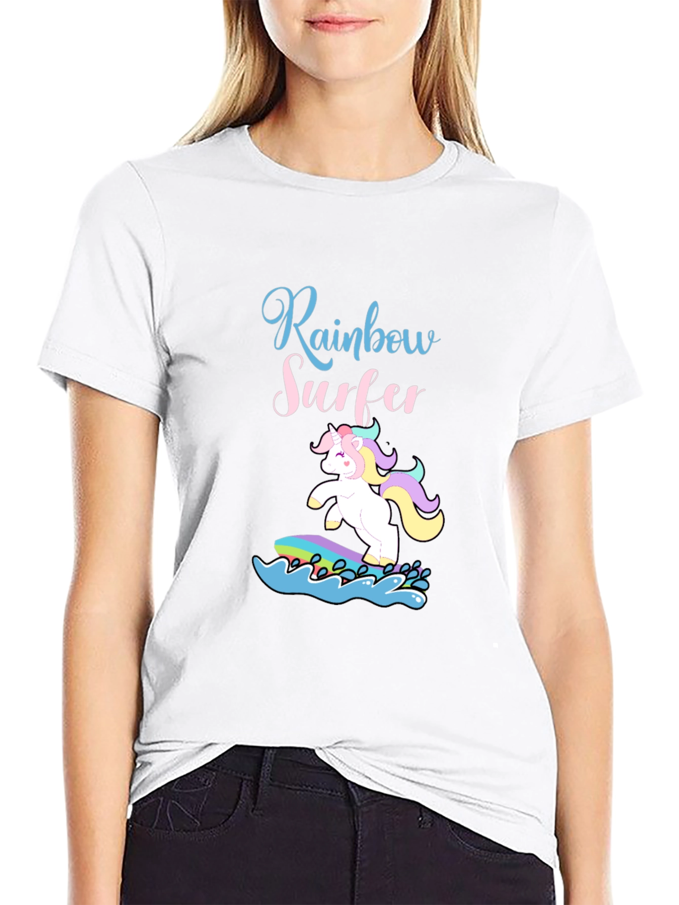 Black Rainbow Surfer Unicorn Graphic Tee - Black Cotton T-Shirt view 9