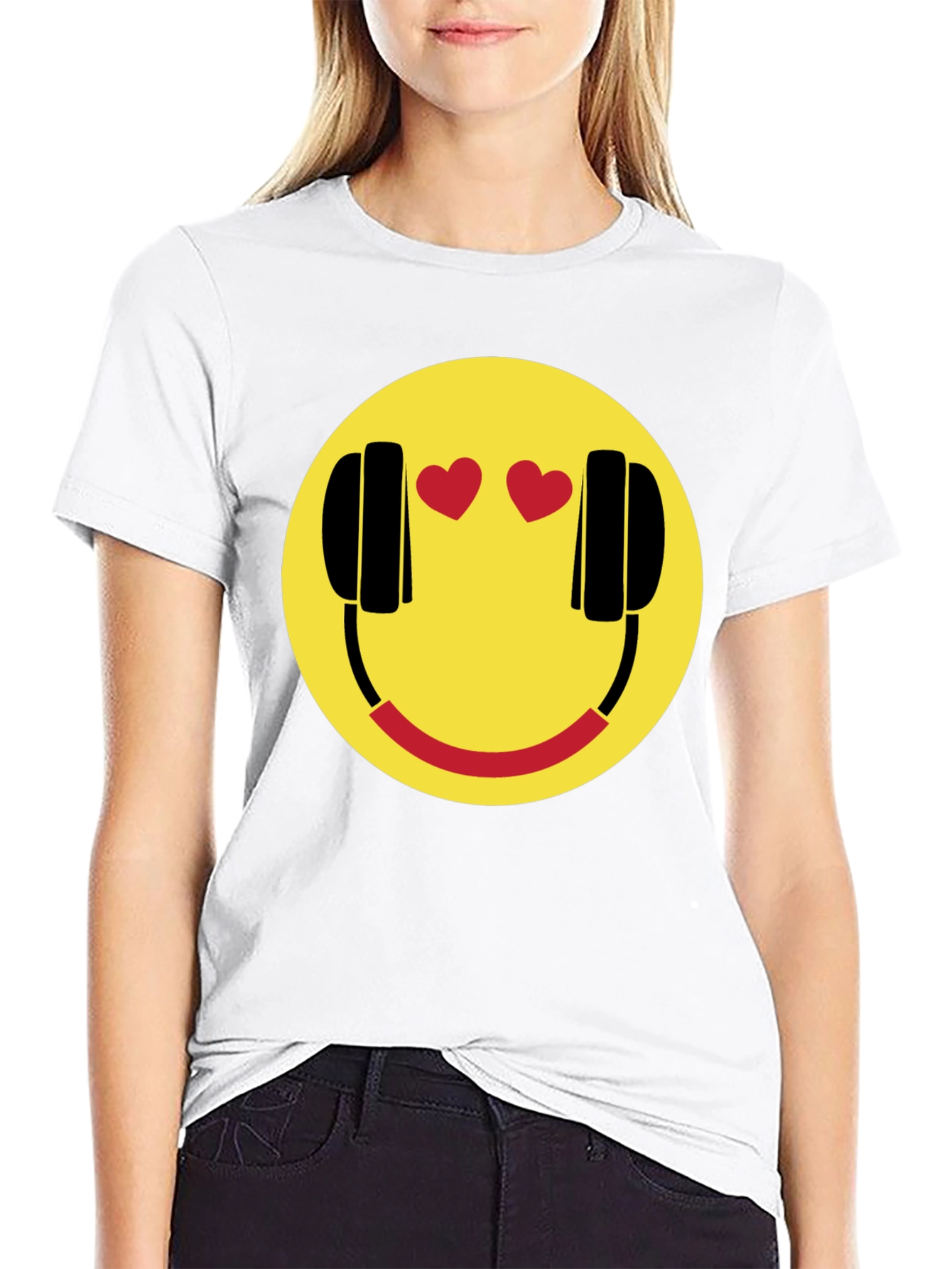 Black Smiley Face with Headphone Hearts T-Shirt view 9