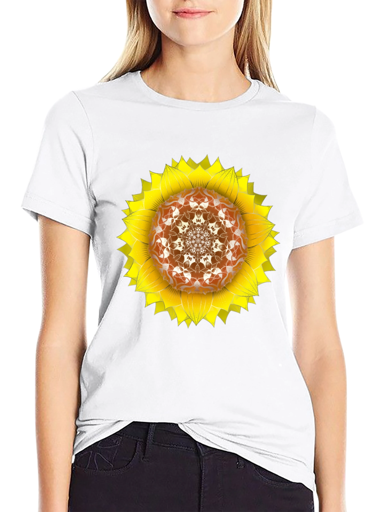 Black Sunflower Mandala Black T-Shirt view 9