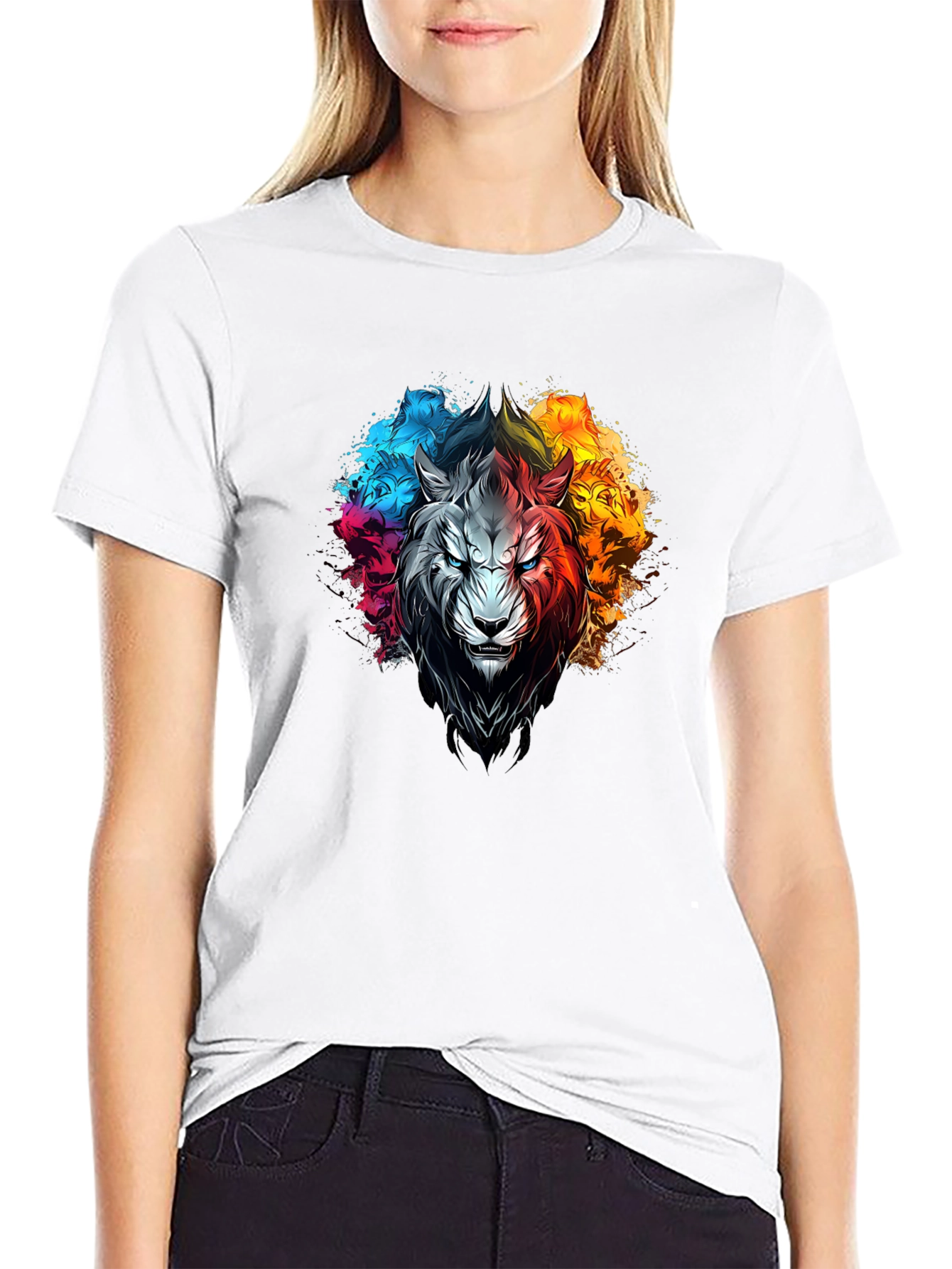 Black Colorful Lion Graphic Print T-Shirt view 9