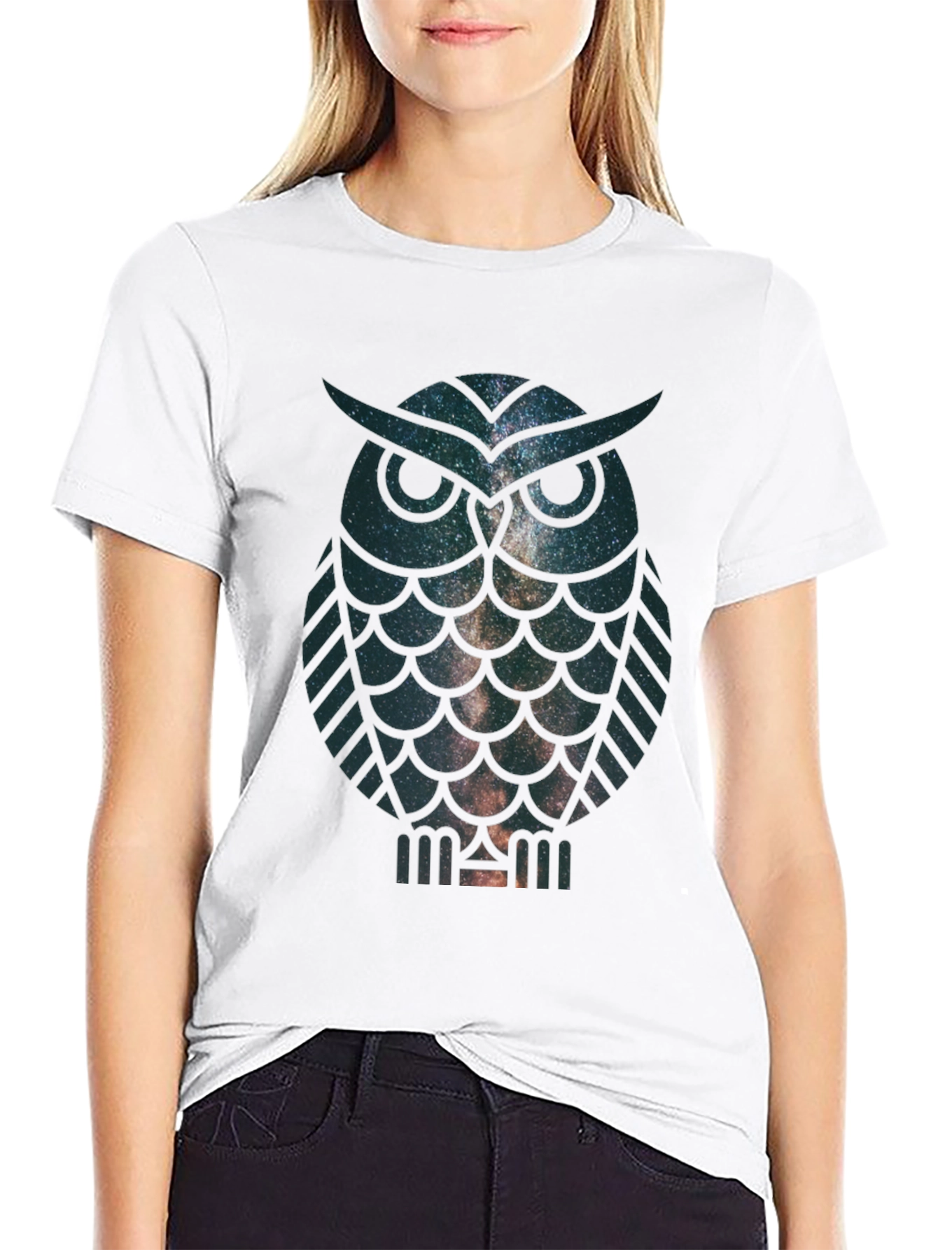 Black Galaxy Owl Graphic Print Crew Neck T-Shirt view 9