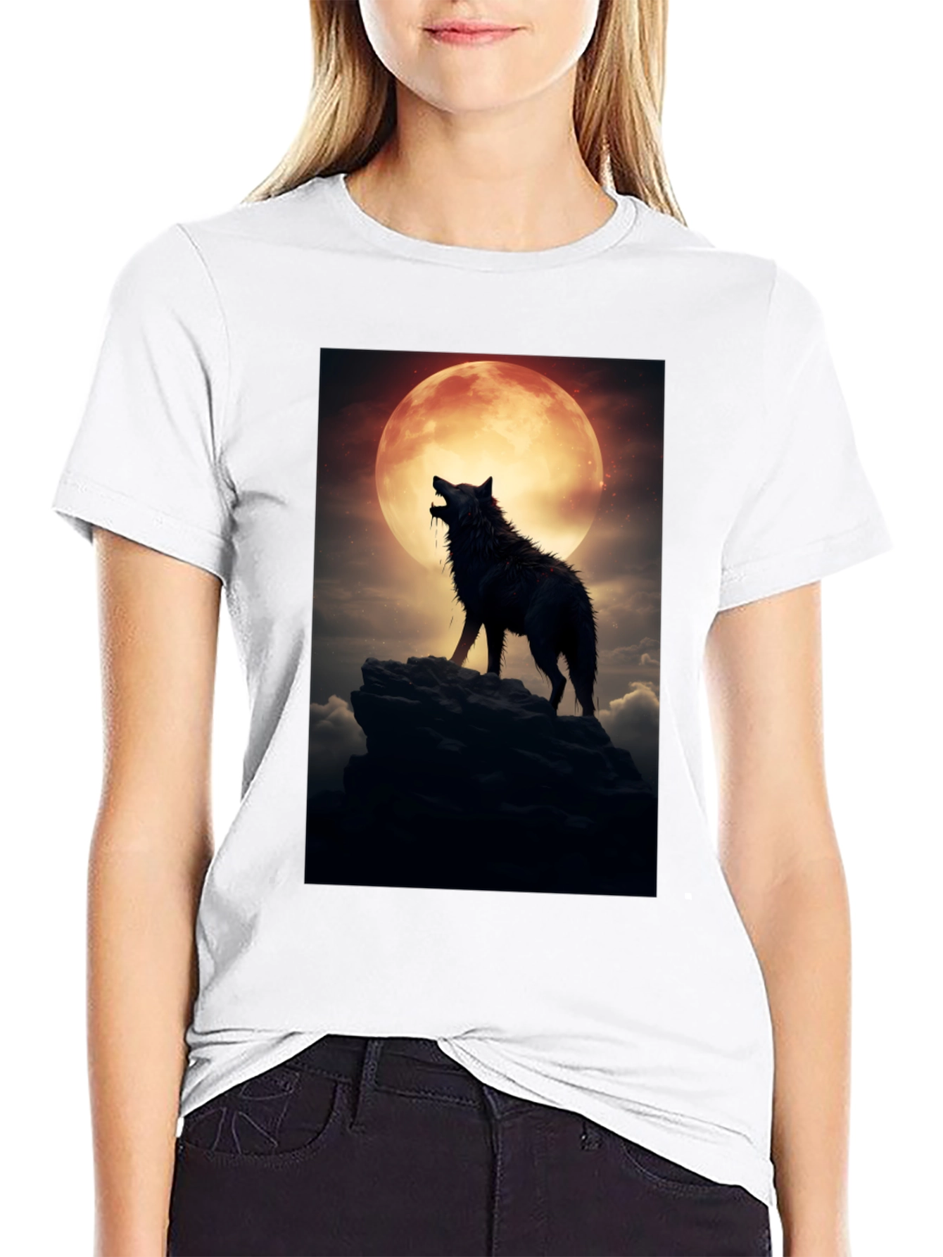Black Wolf Howling at Moon Graphic Tee view 9