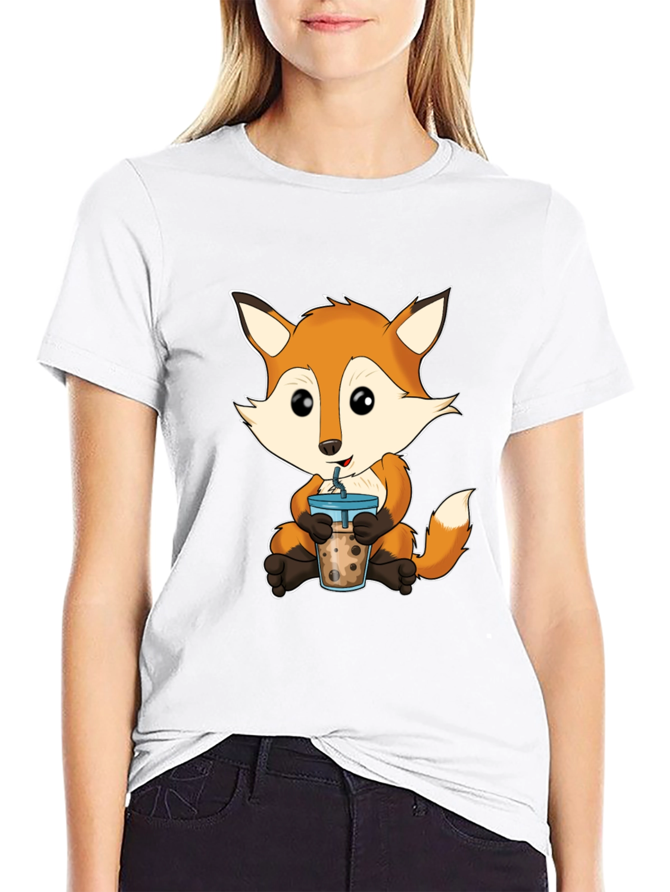 Black Cute Fox Boba Tea Graphic T-Shirt view 9