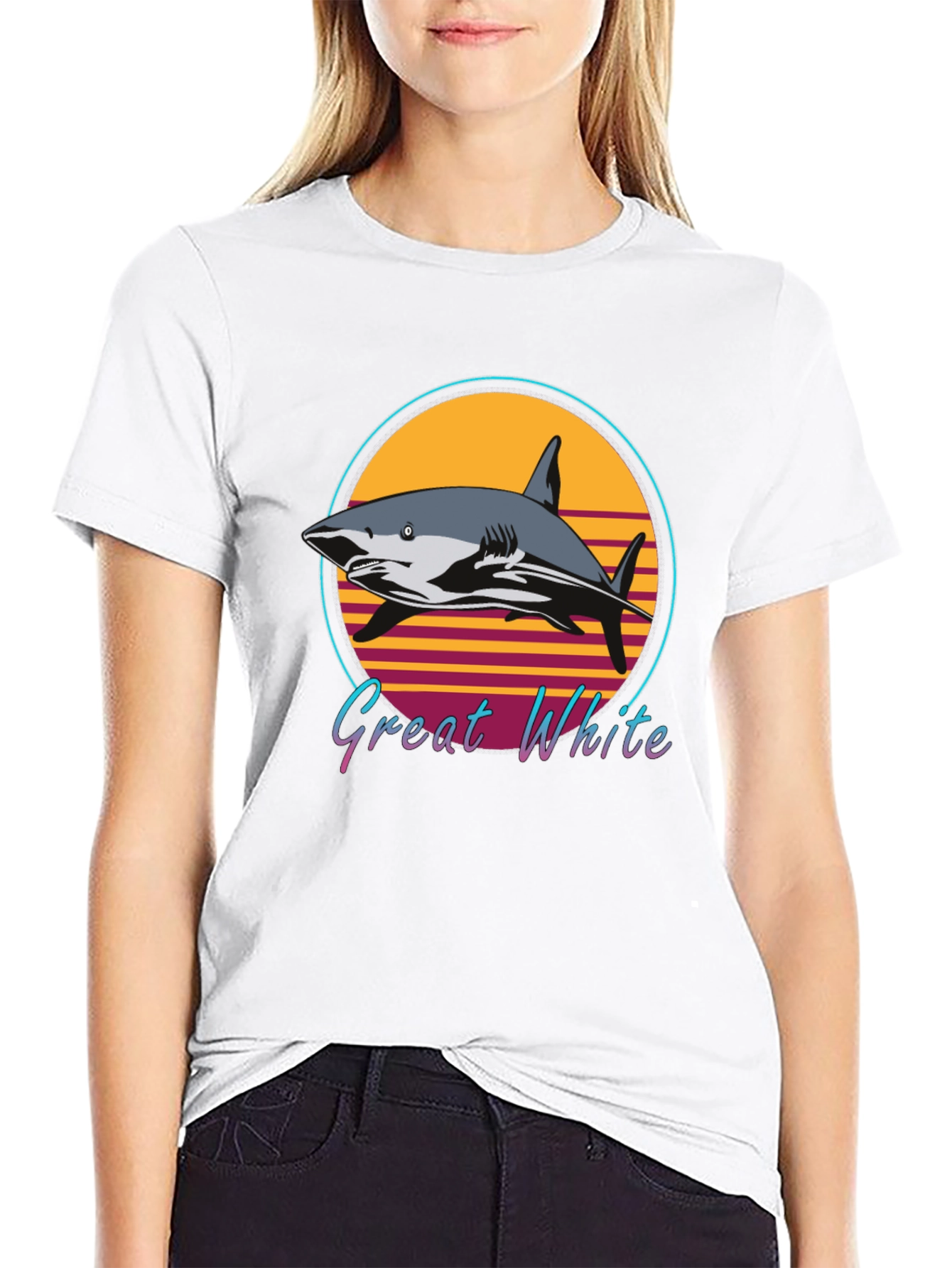 Black Great White Shark Retro Style T-Shirt view 9