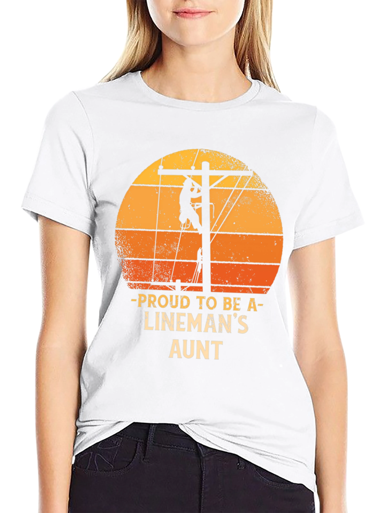 Black Proud Lineman's Aunt T-Shirt Retro Sunset Lineworker Tee view 9