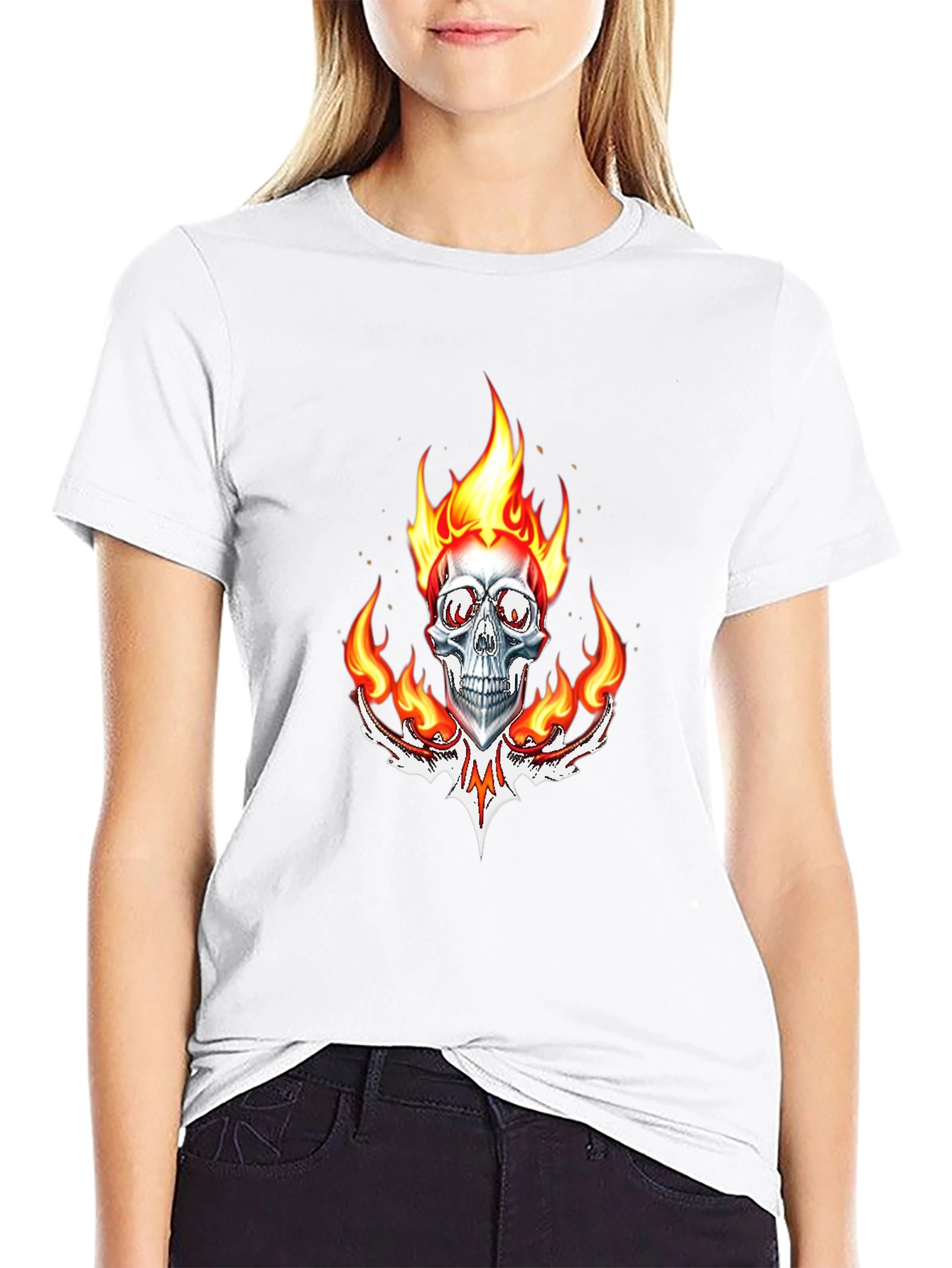 Black Flaming Skull Graphic Tee - Black Cotton view 9