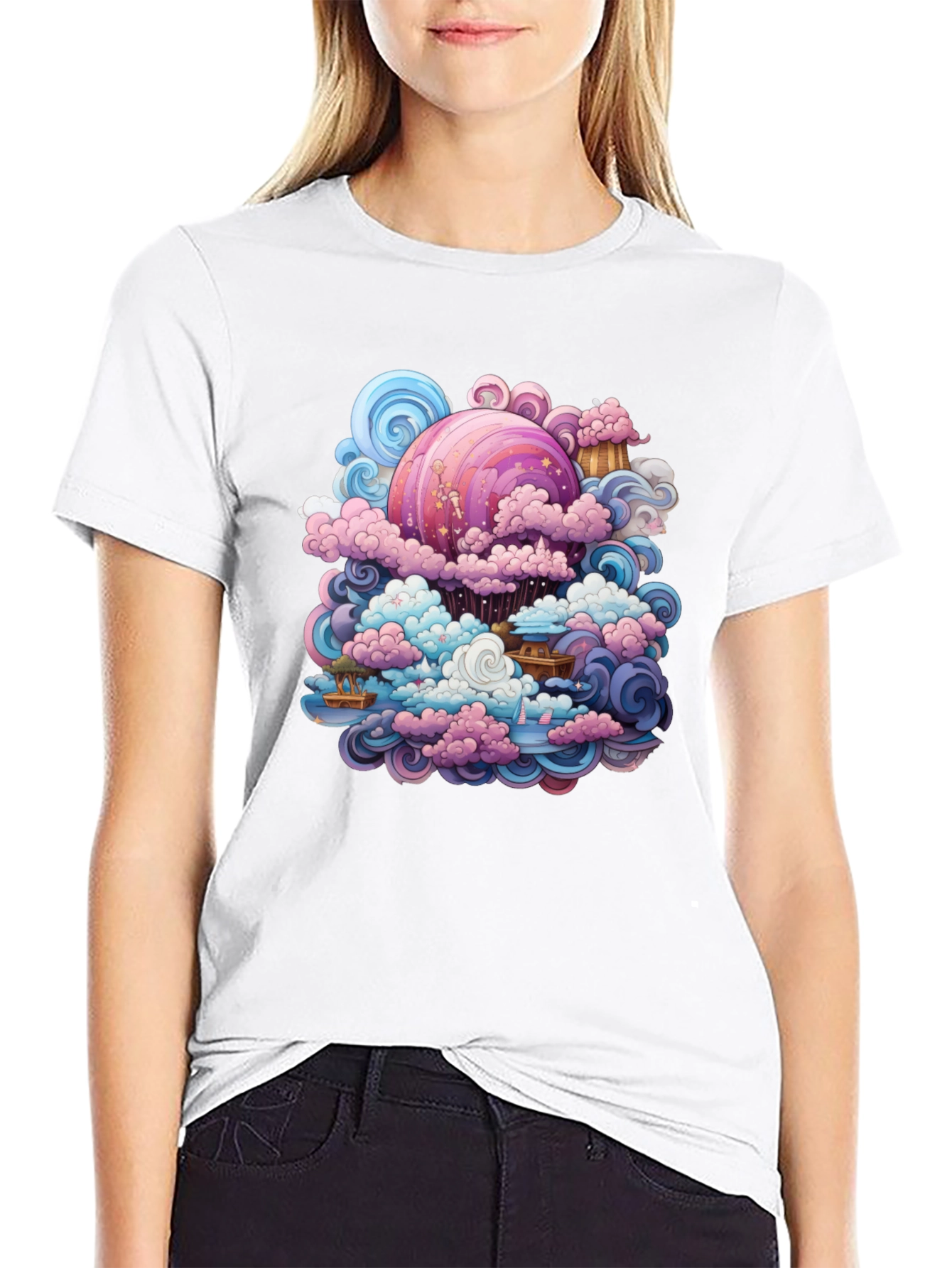 Black Whimsical Cloudscape Graphic Tee - Fantasy Design view 9