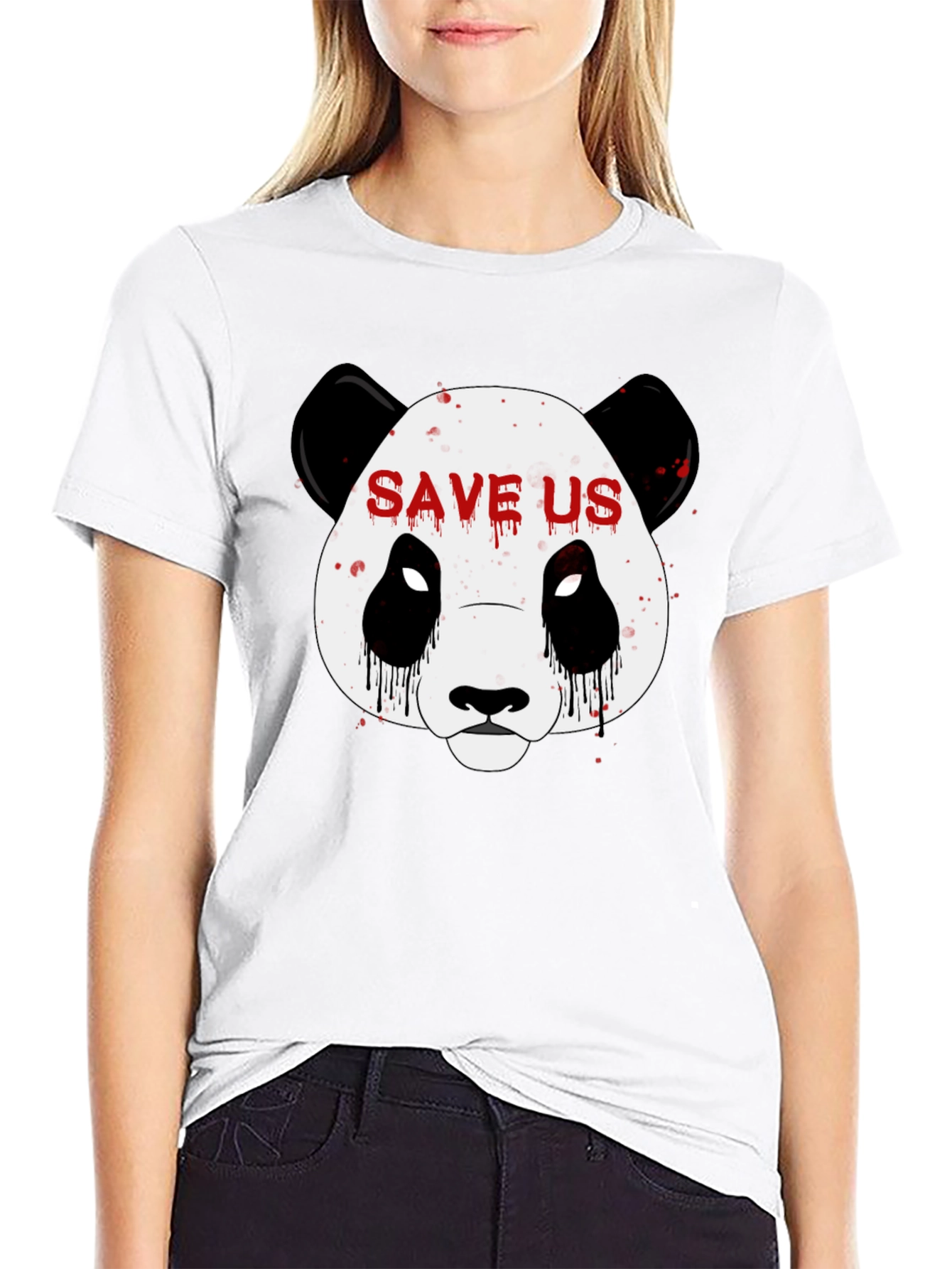 Black Save Us Panda Graphic Print Black T-Shirt view 9