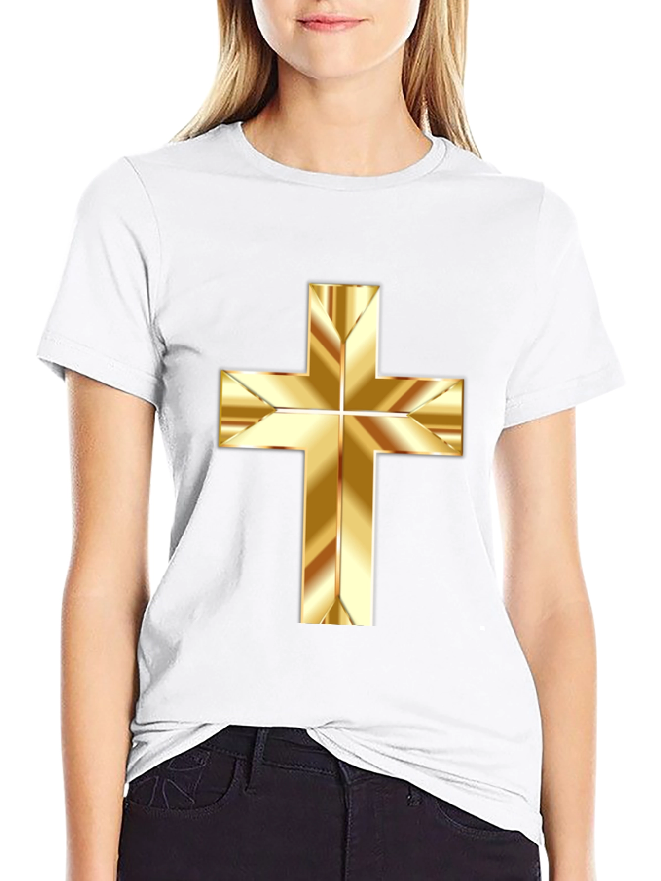 Black Gold Cross Graphic Print Black T-Shirt view 9