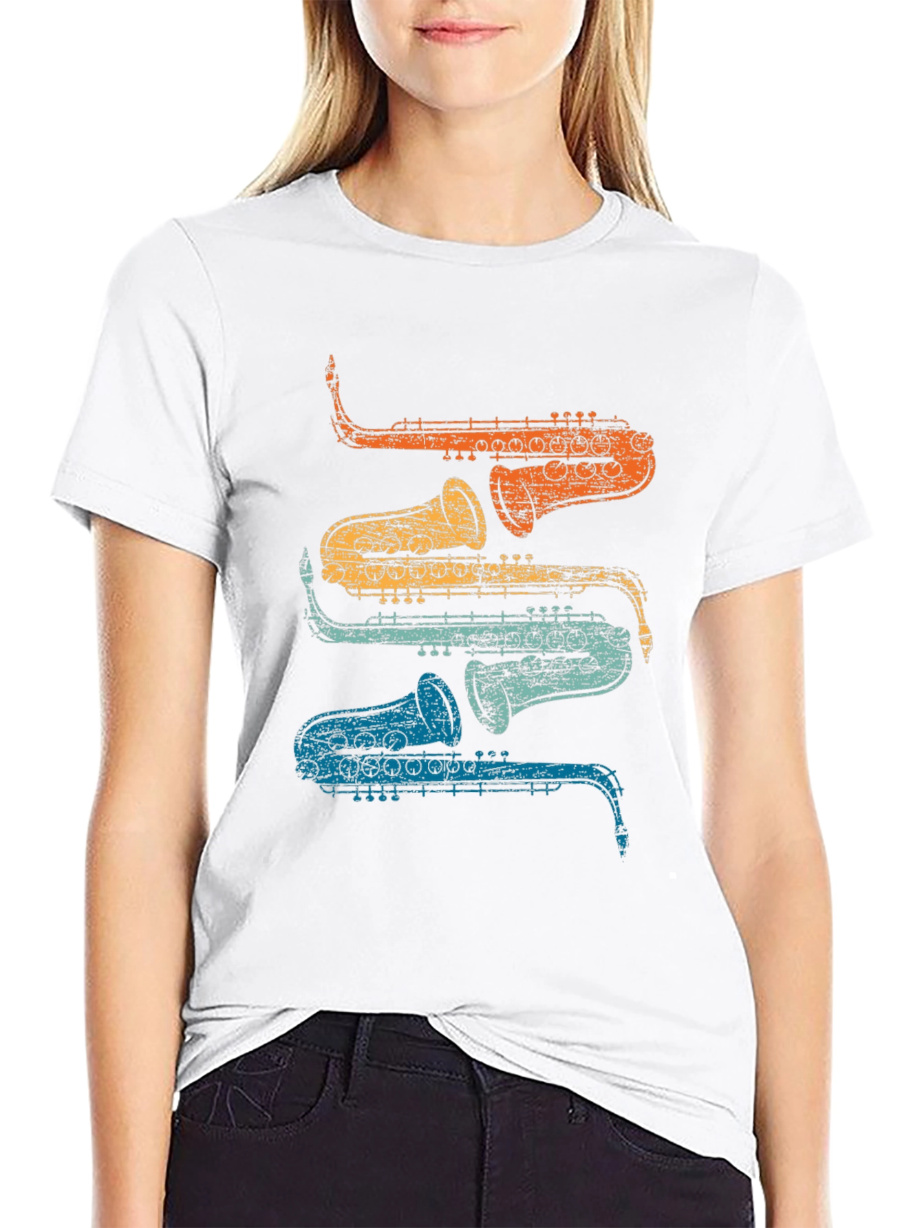 Black Retro Saxophone Stacked T-Shirt - Cool Musician Tee view 9