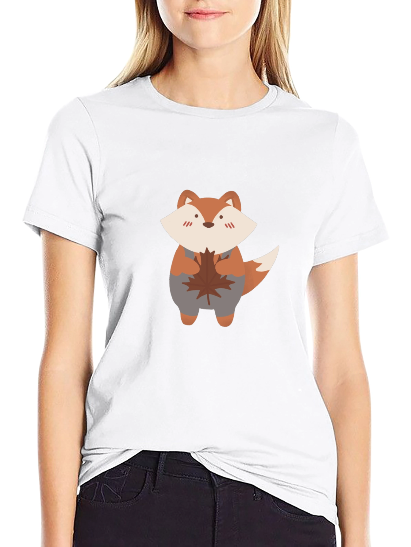 Black Cute Fox & Maple Leaf Black T-Shirt view 9