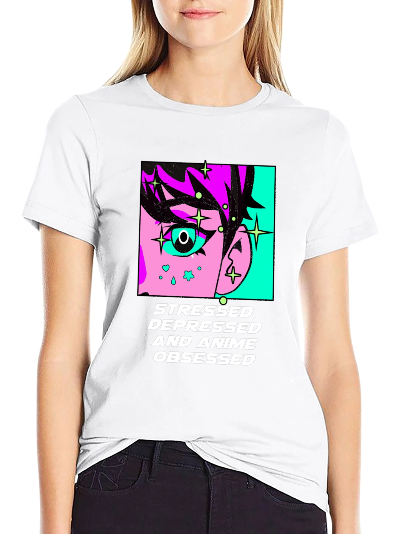 Black Stressed Depressed Anime Obsessed Black T-Shirt view 9