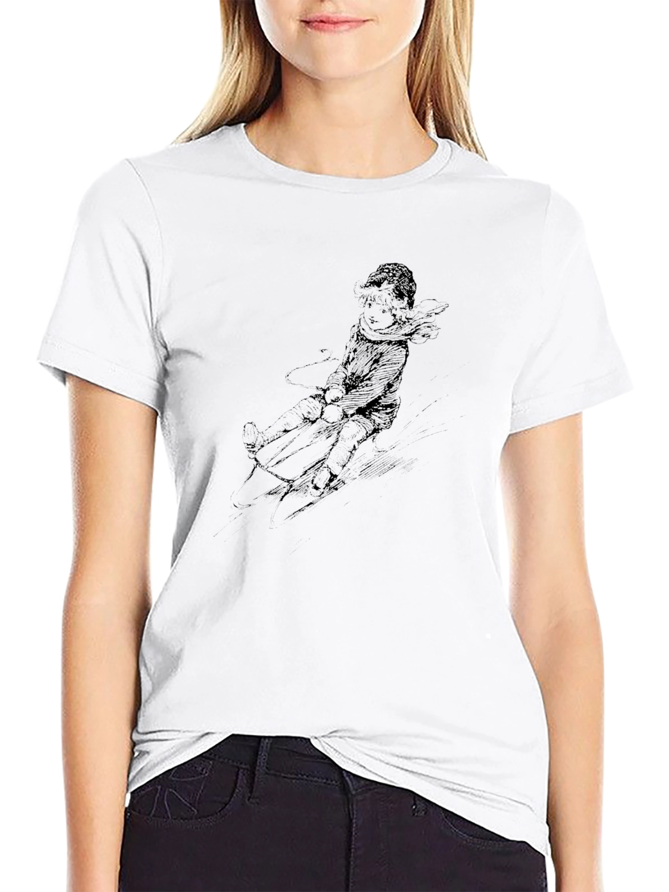 Black Black T-Shirt with Winter Sledding Print view 9