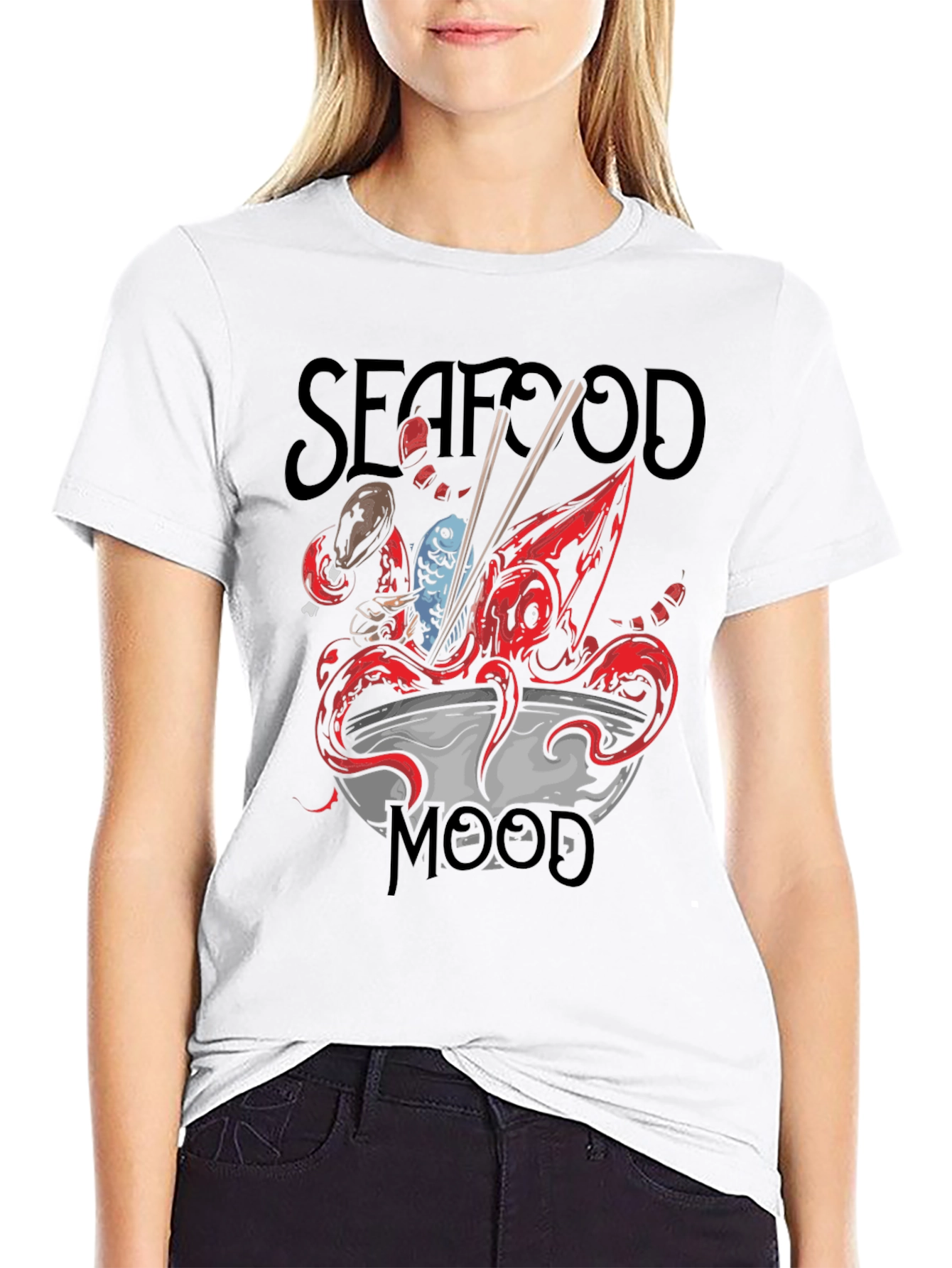 Black Seafood Mood Graphic Tee - Unique Octopus Ramen Design view 9