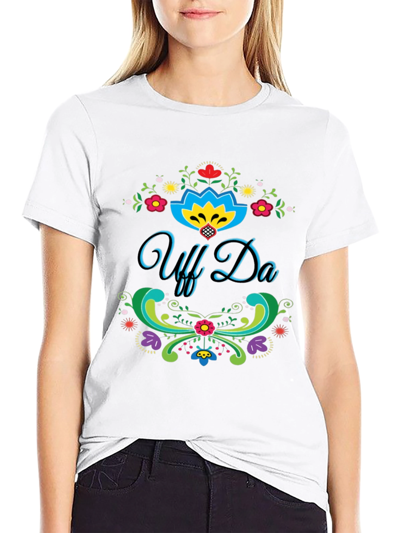 Black Uff Da! Graphic T-Shirt - Colorful Floral Design view 9