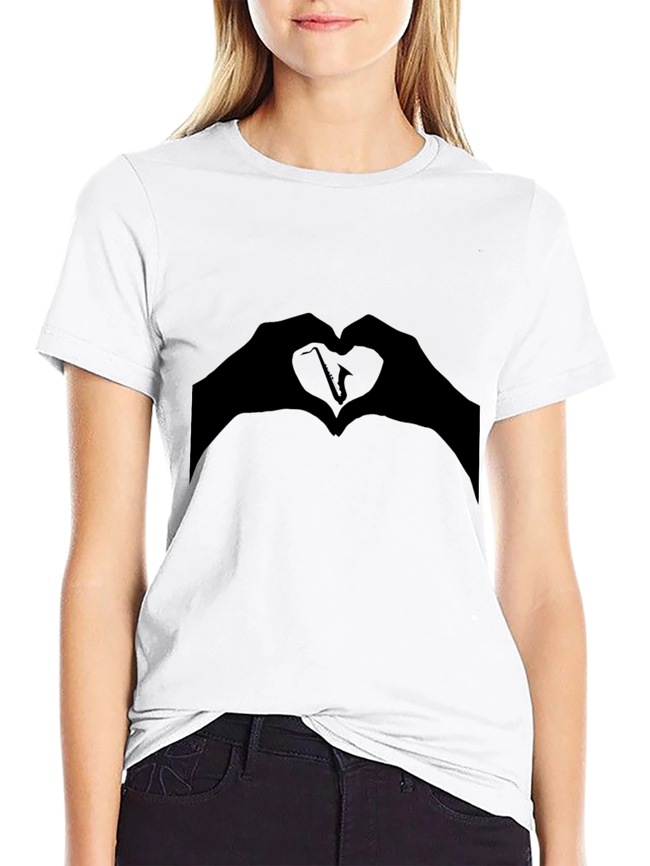 Black Saxophone Heart Hands Graphic T-Shirt view 9