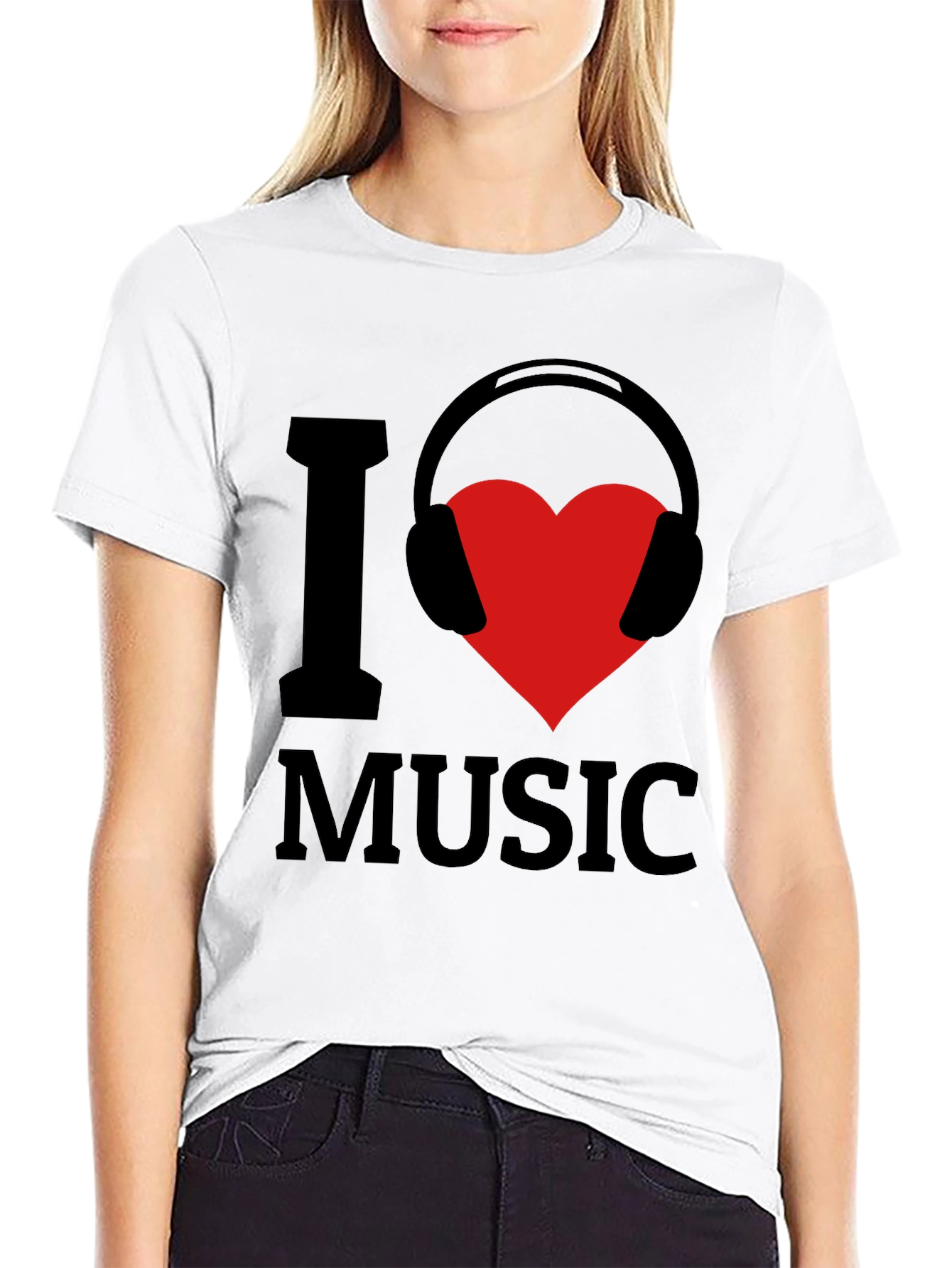 Black I Love Music T-Shirt - Heart Headphones Graphic Tee view 9