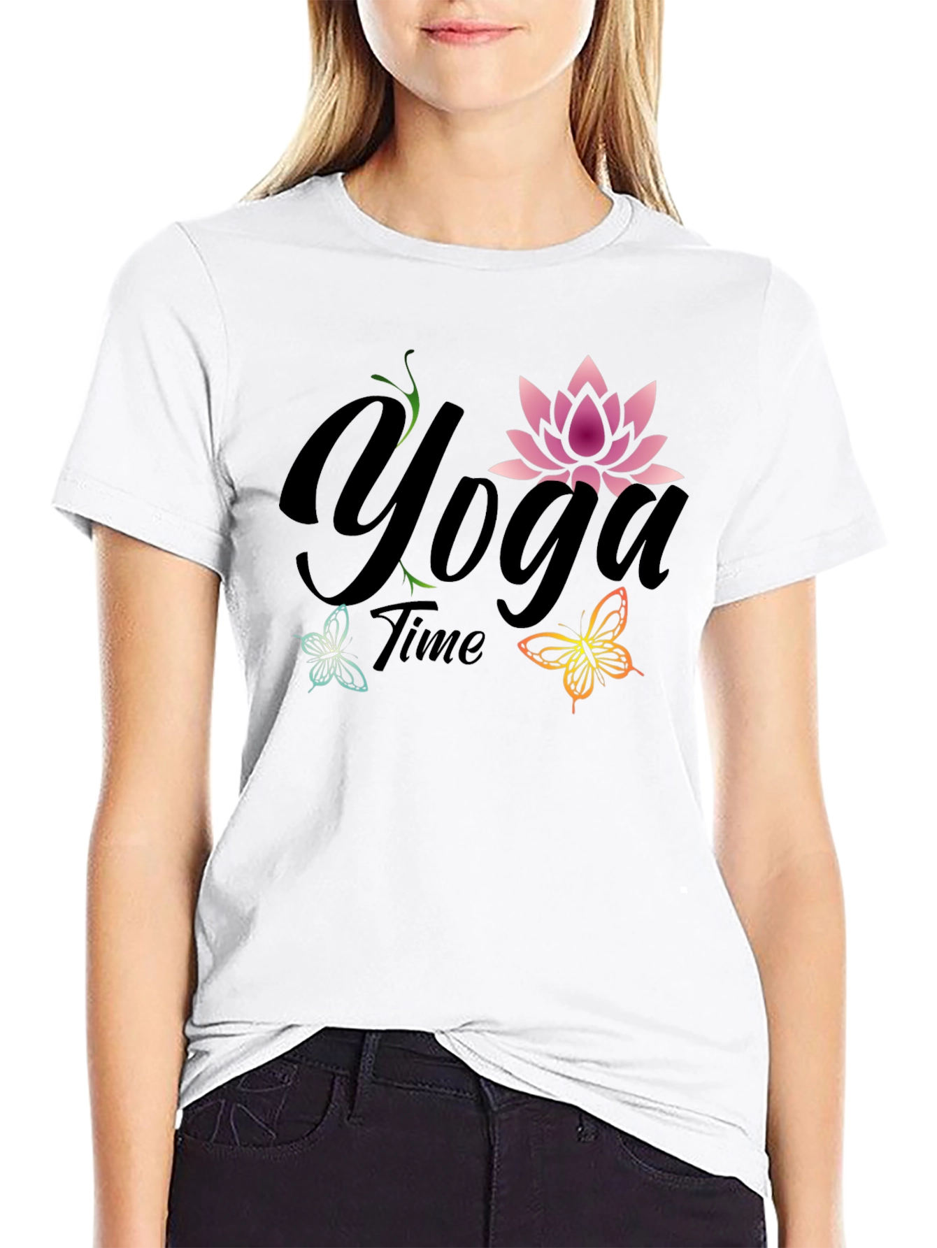 Black Yoga Time T-Shirt - Lotus Flower Butterfly Tee view 9