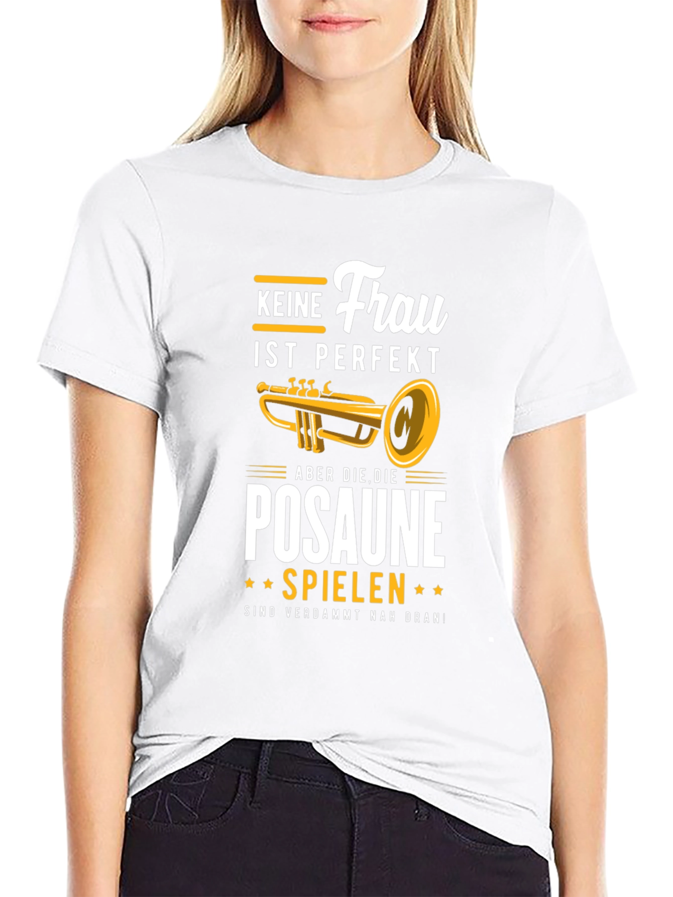 Black Funny Trombone Player T-Shirt - "Keine Frau Ist Perfekt" view 9