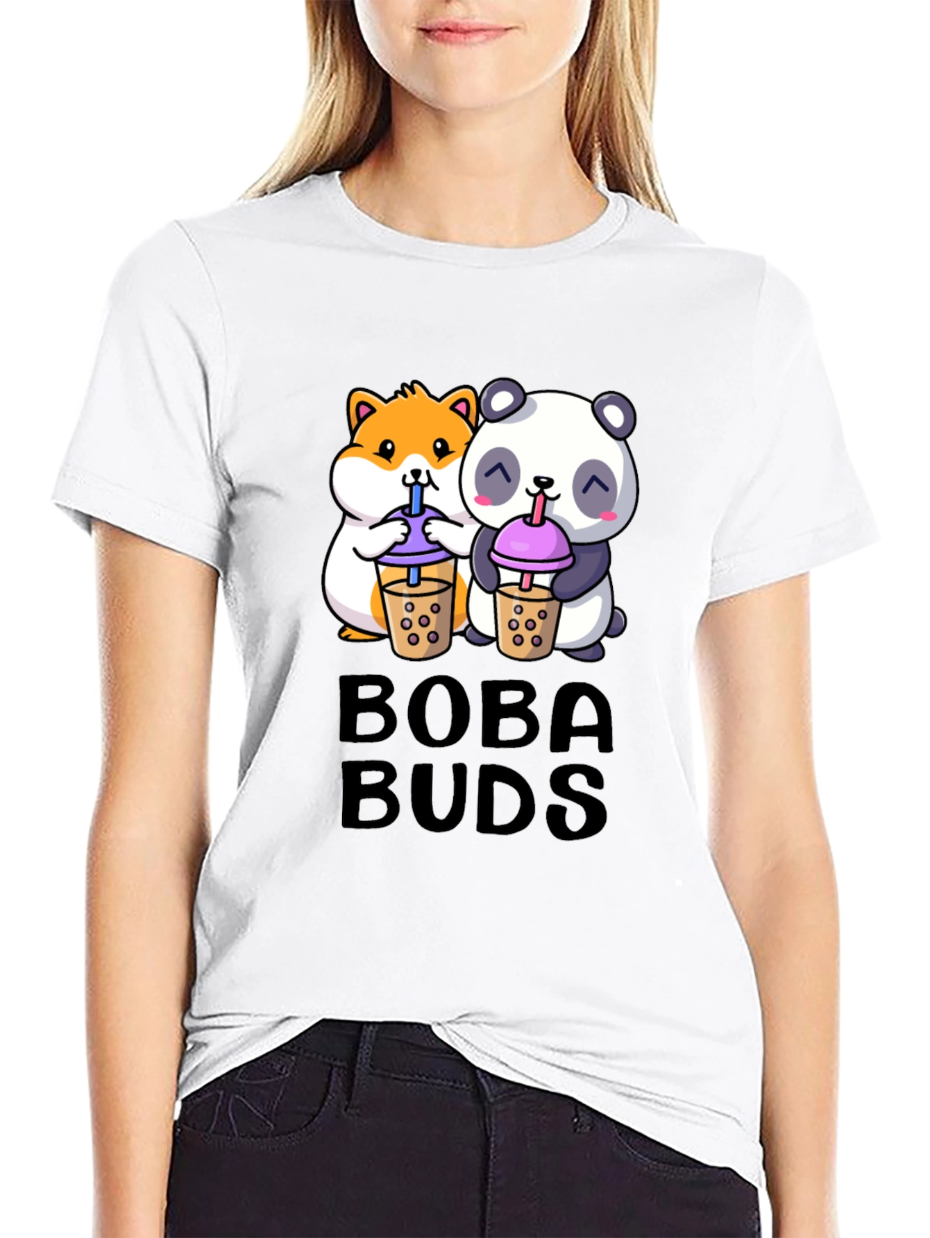 Black Boba Buds Graphic Tee - Cute Panda & Hamster Boba Design view 9