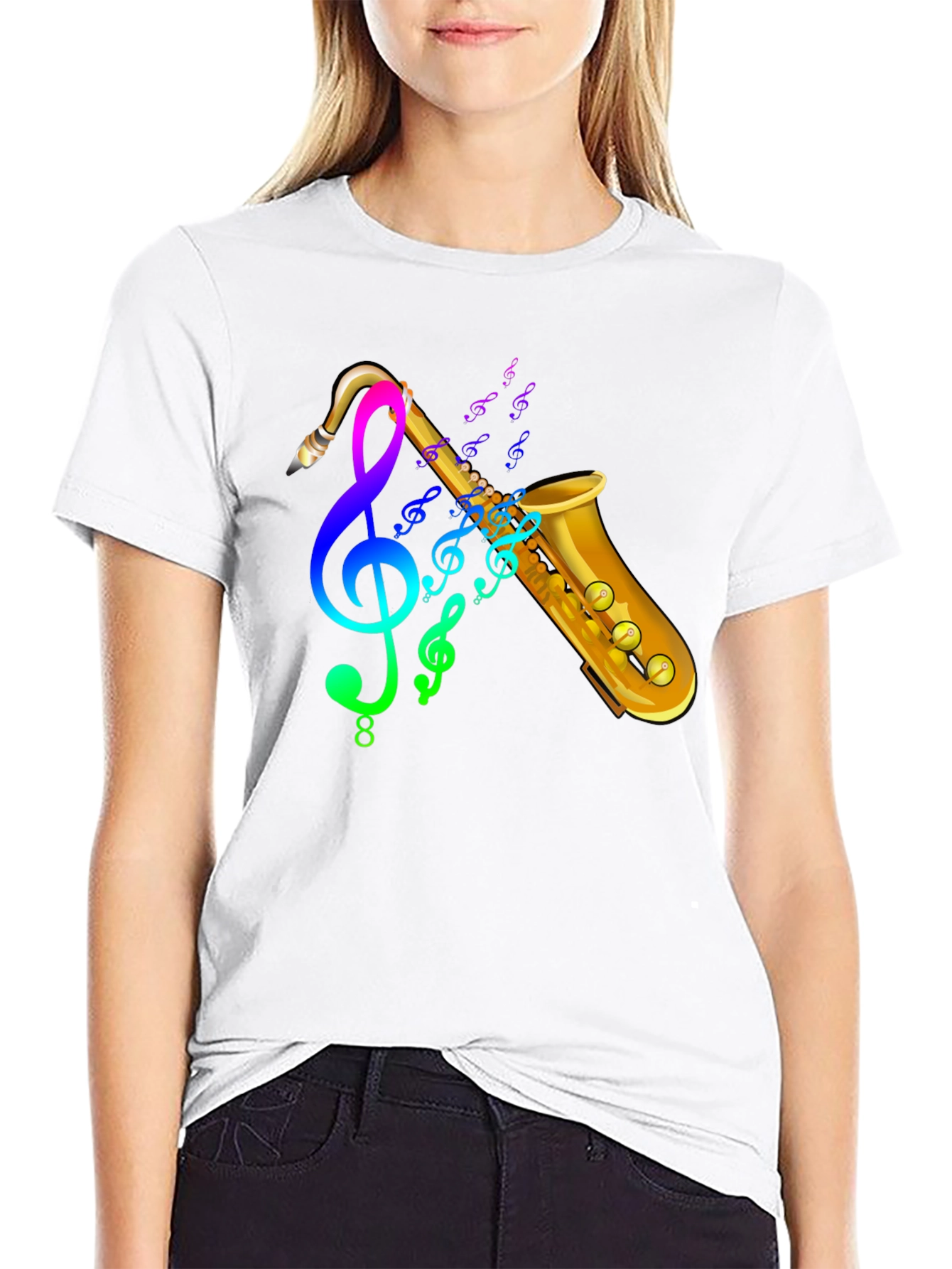 Black Saxophone & Music Notes Graphic Black T-Shirt view 9