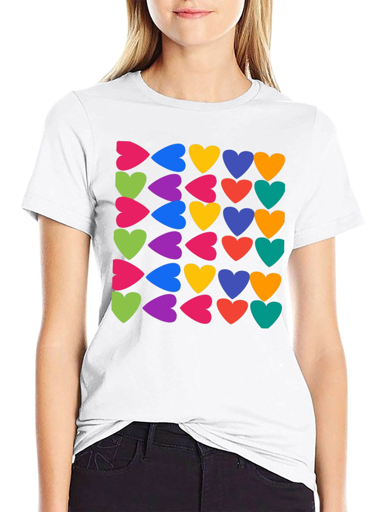 Black Colorful Hearts Pattern Black T-Shirt view 9