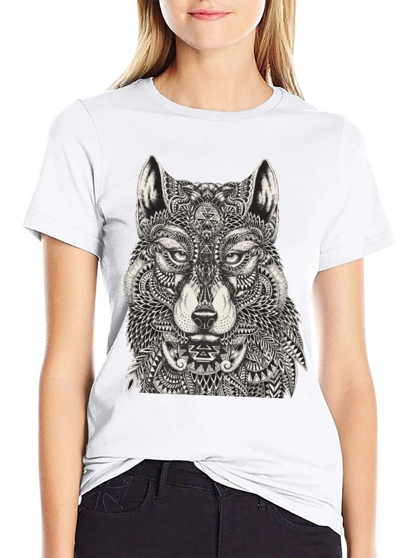 Black Wolf Graphic Print Black T-Shirt for Men view 9