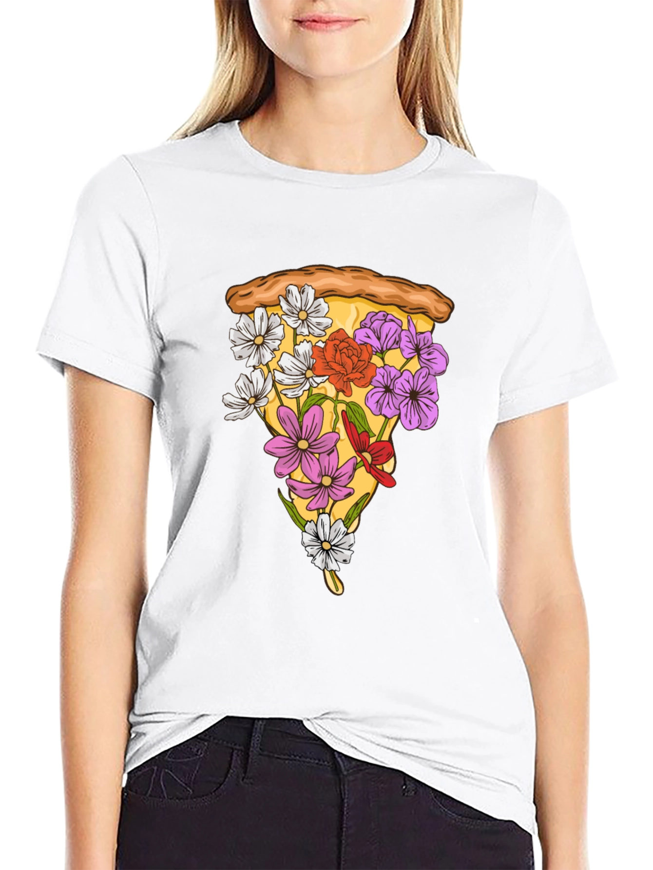 Black Floral Pizza Slice Graphic Tee - Unique Style view 9