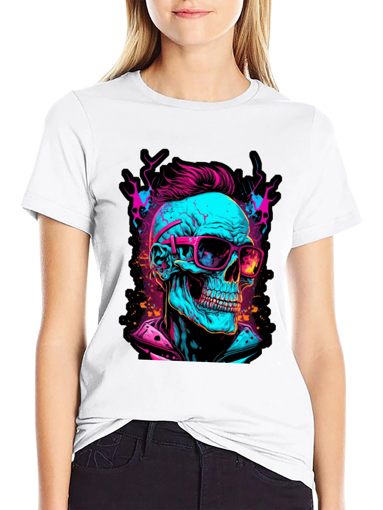 Black Neon Skull Graphic T-Shirt view 9