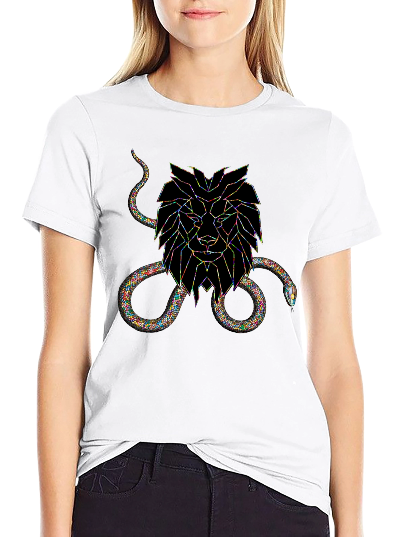 Black Geometric Lion & Snake Graphic Tee view 9