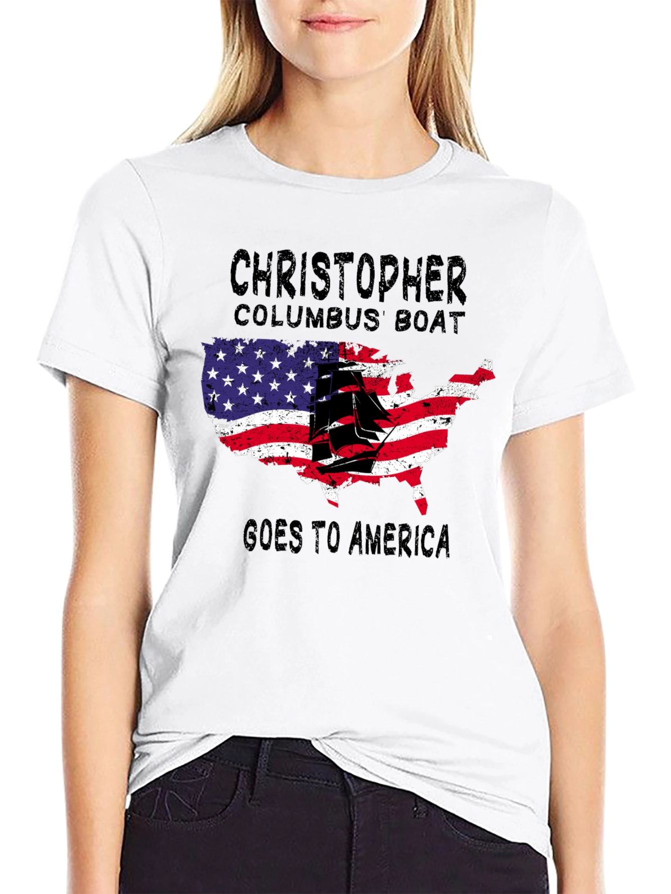 Black Christopher Columbus Boat USA Map T-Shirt view 9