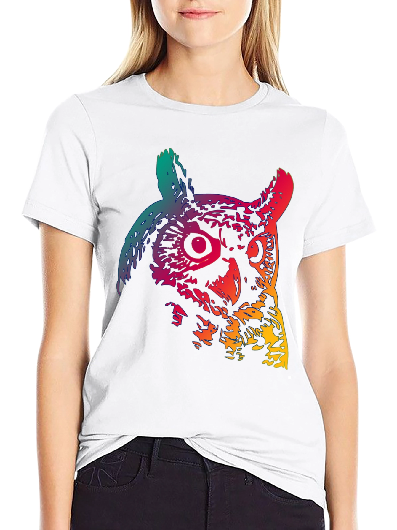 Black Rainbow Owl Graphic Print Men's Black T-Shirt view 9