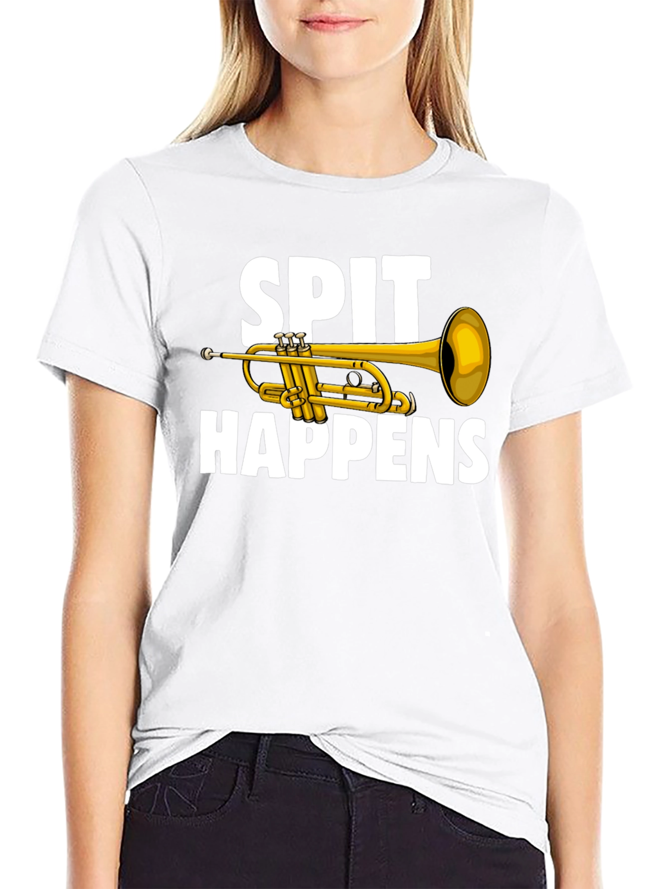 Black Spit Happens Trumpet T-Shirt - Musician Humor view 9