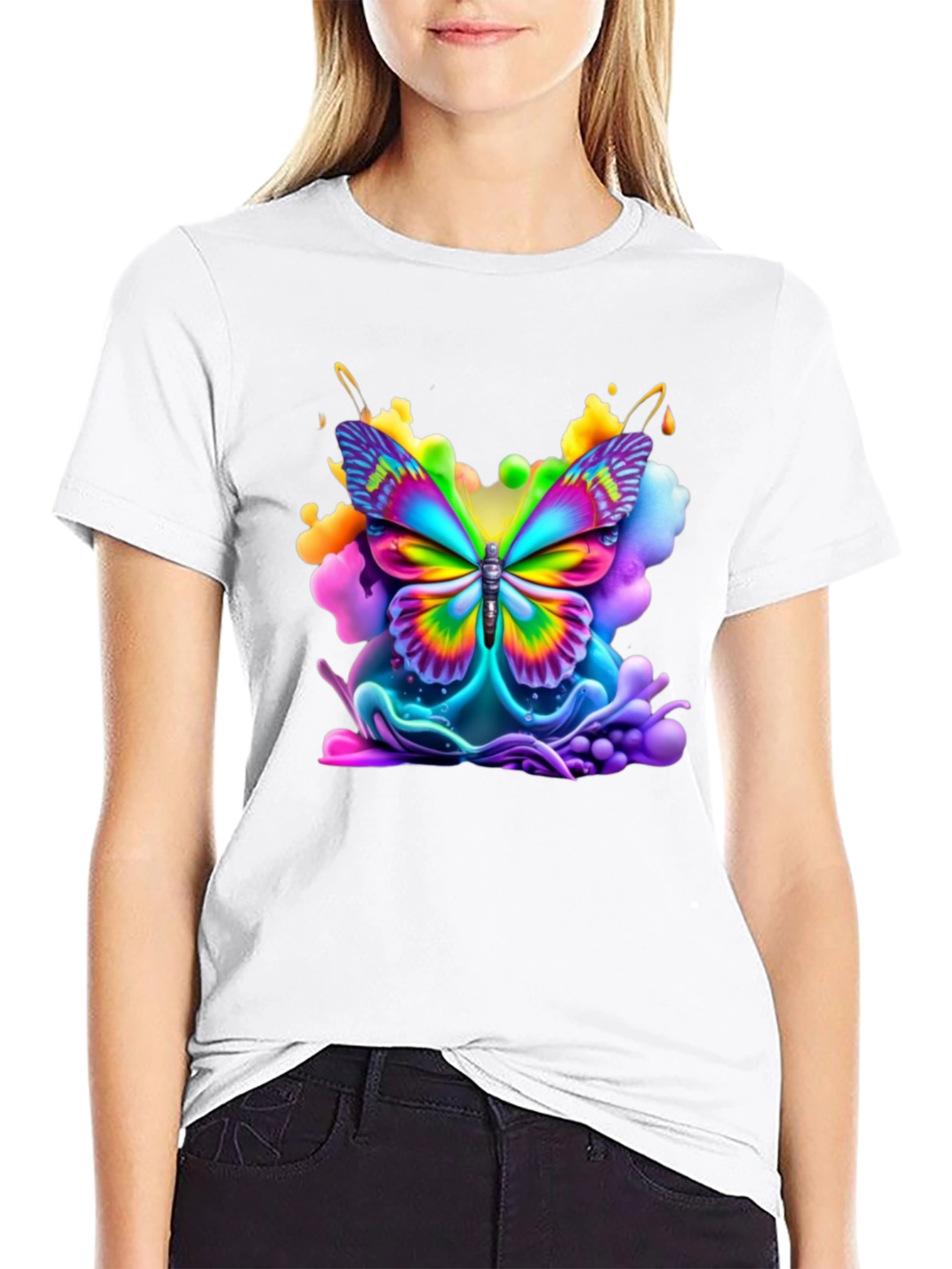 Black Vibrant Butterfly Graphic Tee - Black Cotton Comfort view 9