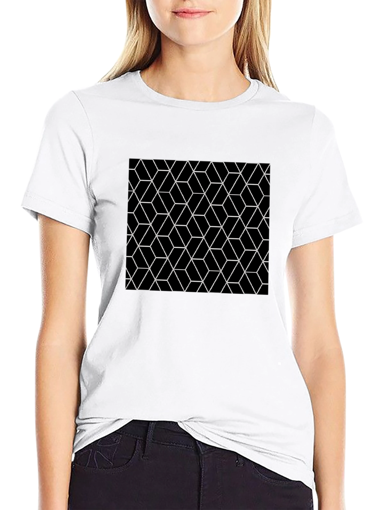 Black Geometric Cube Pattern Black T-Shirt view 9