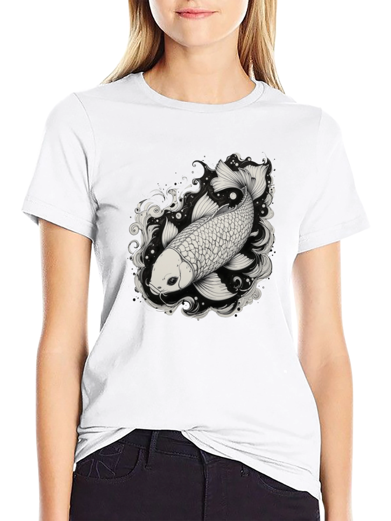 Black Koi Fish Graphic Tee - Black Cotton Blend Shirt view 9