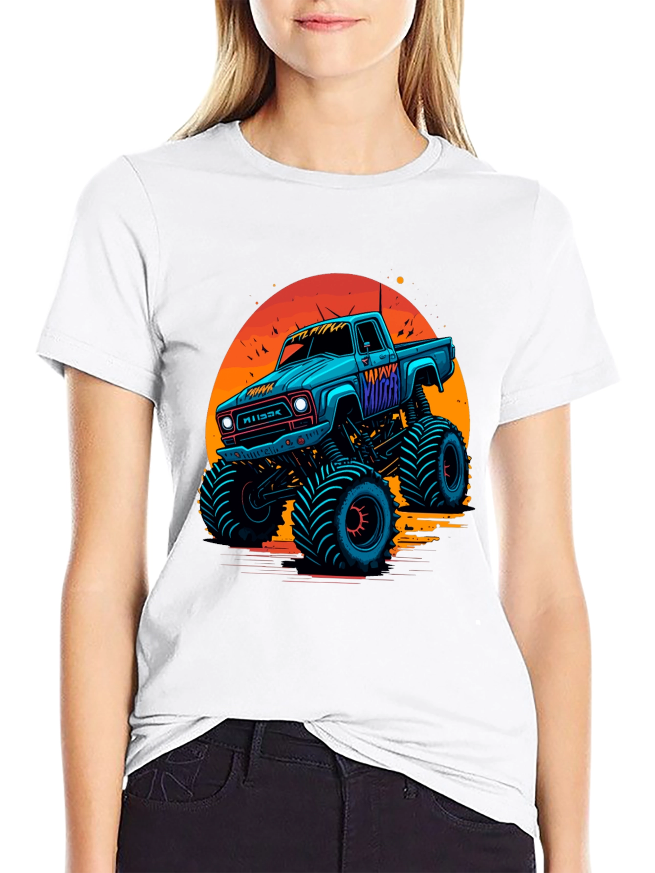 Black Monster Truck Graphic Tee - Retro Sunset Design view 9