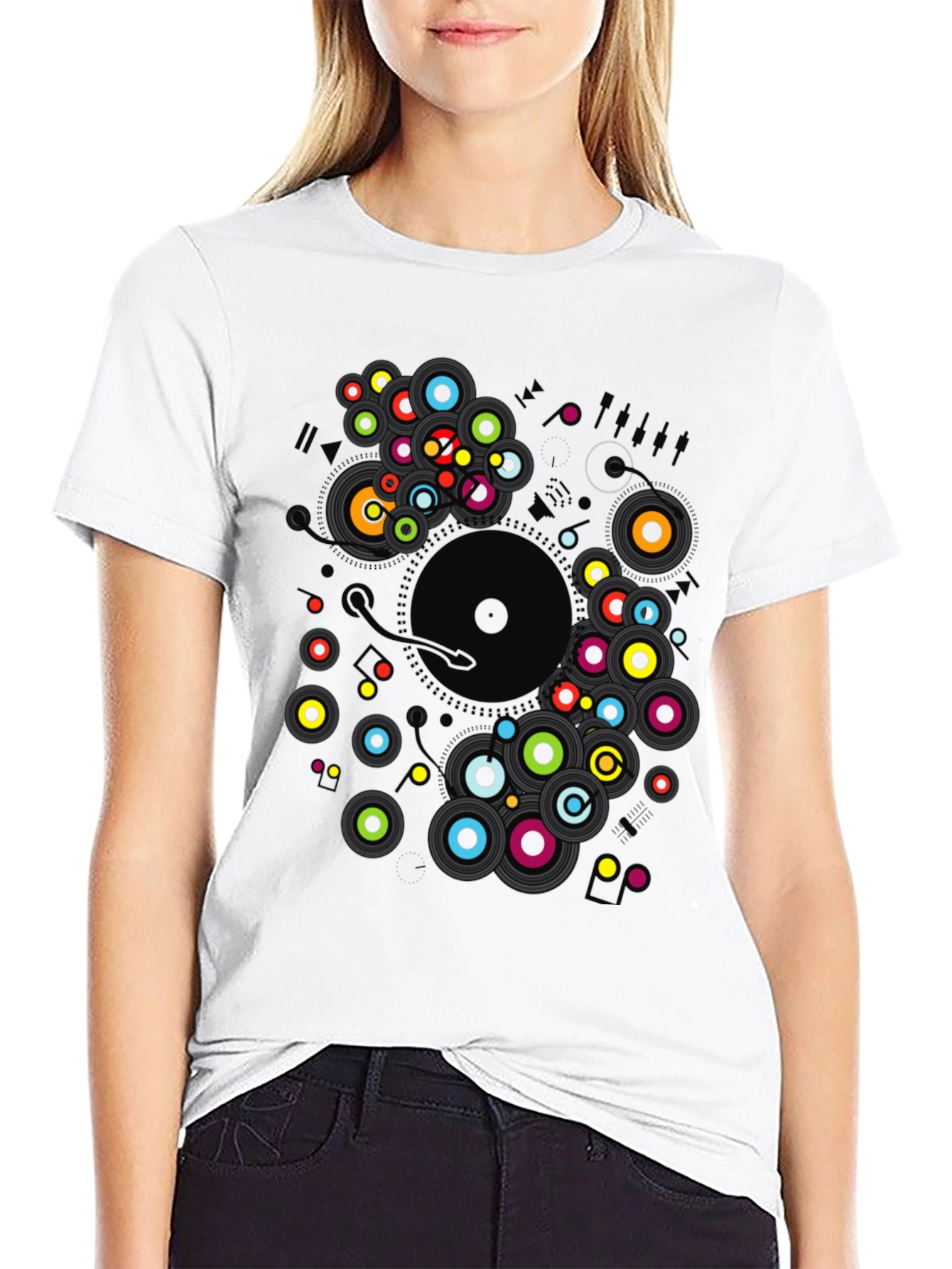 Black Modern Record Player Graphic Print Black T-Shirt view 9
