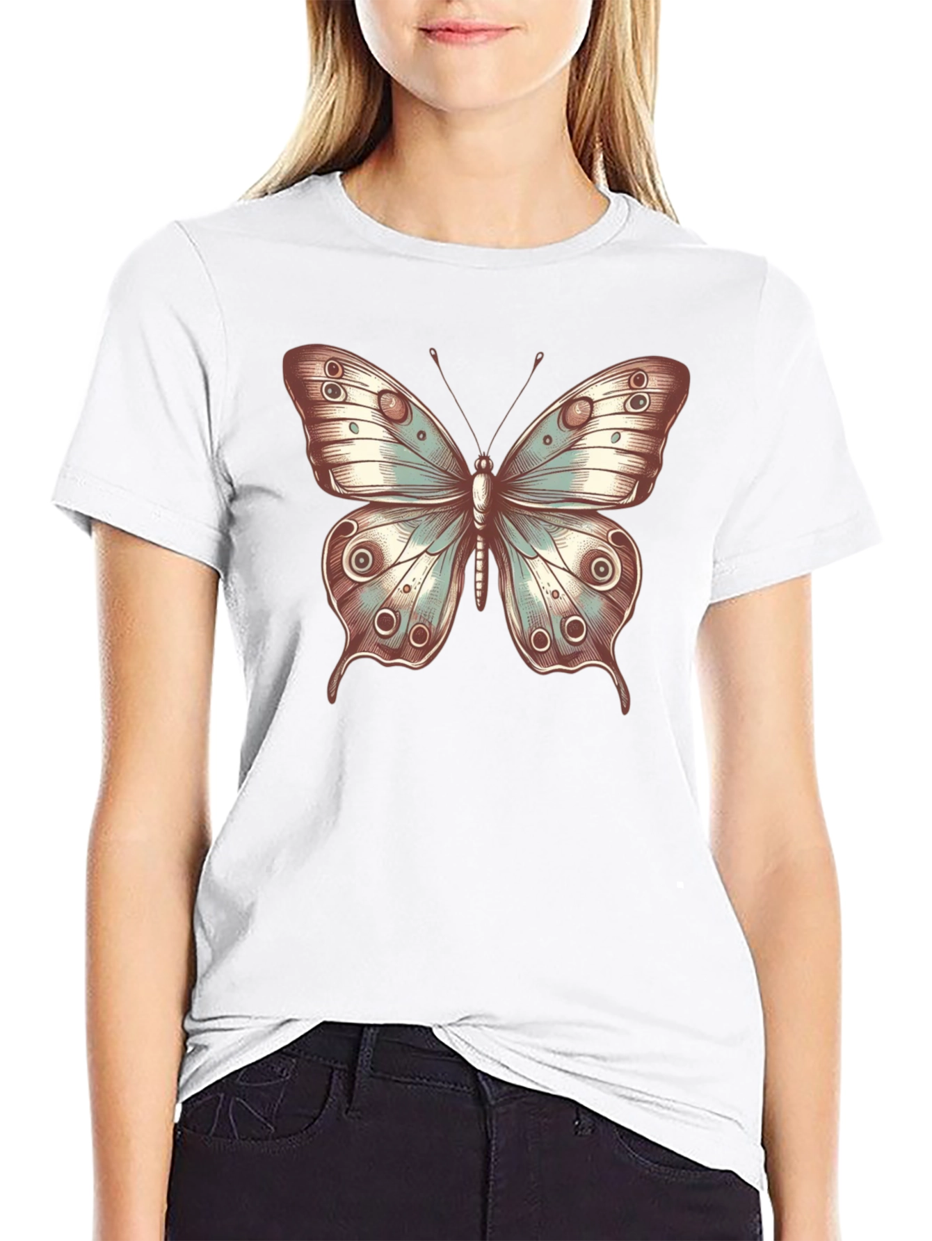 Black Butterfly Print Crew Neck T-Shirt - Stylish Casual Tee view 9