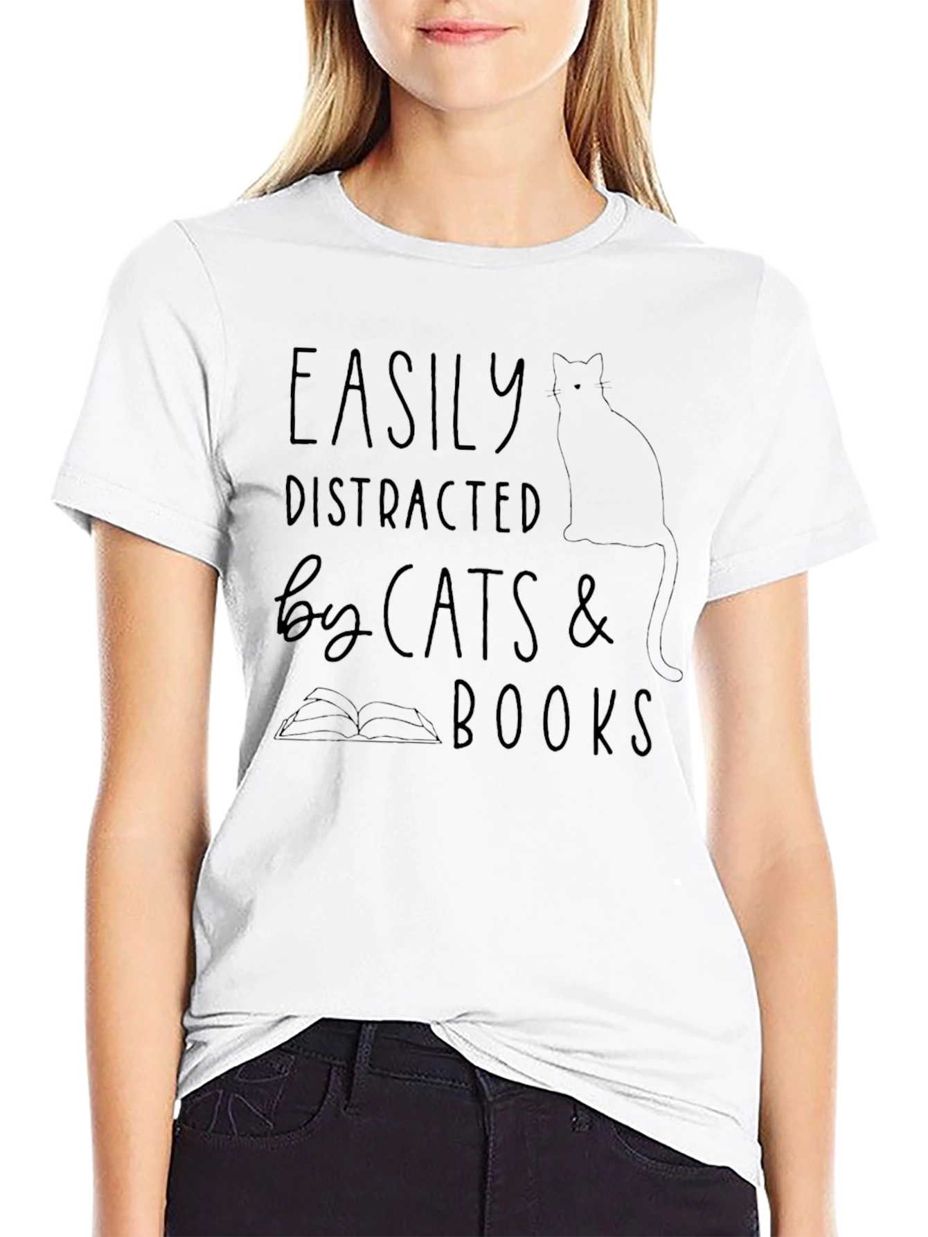 Black Easily Distracted by Cats & Books T-Shirt view 9