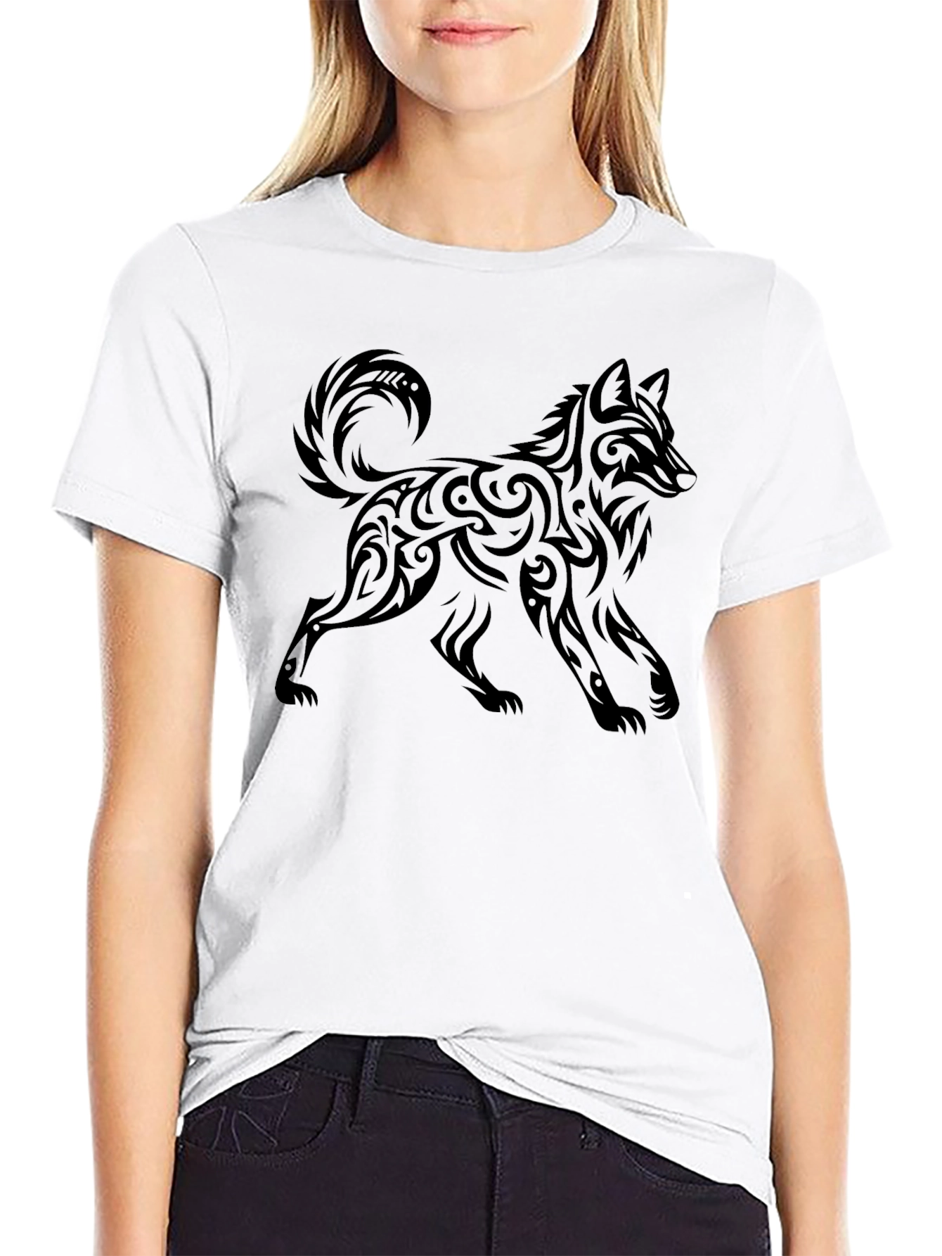 Black Tribal Wolf Graphic Black T-Shirt for Men view 9