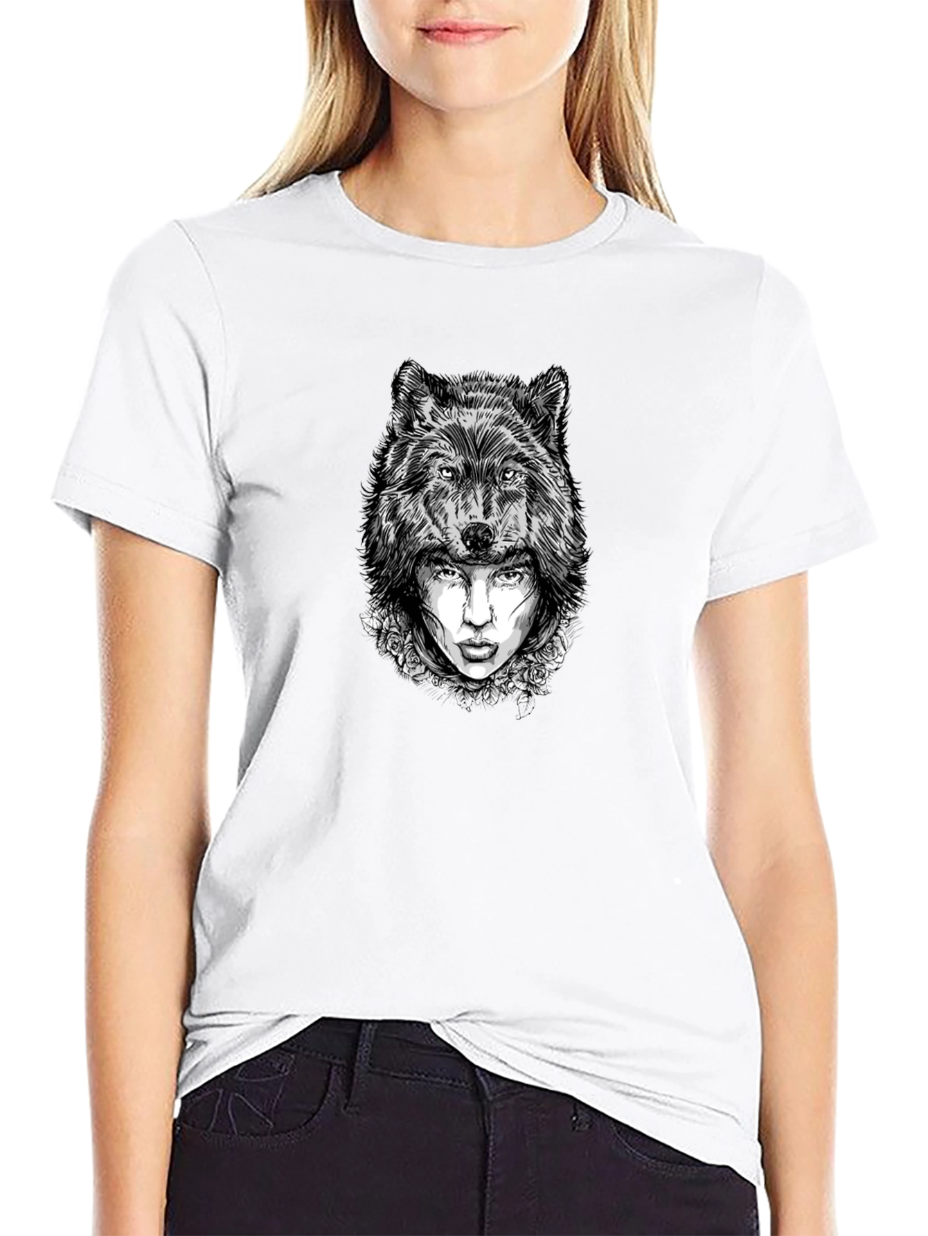 Black Wolf Woman Graphic Tee - Stylish Black T-Shirt view 9