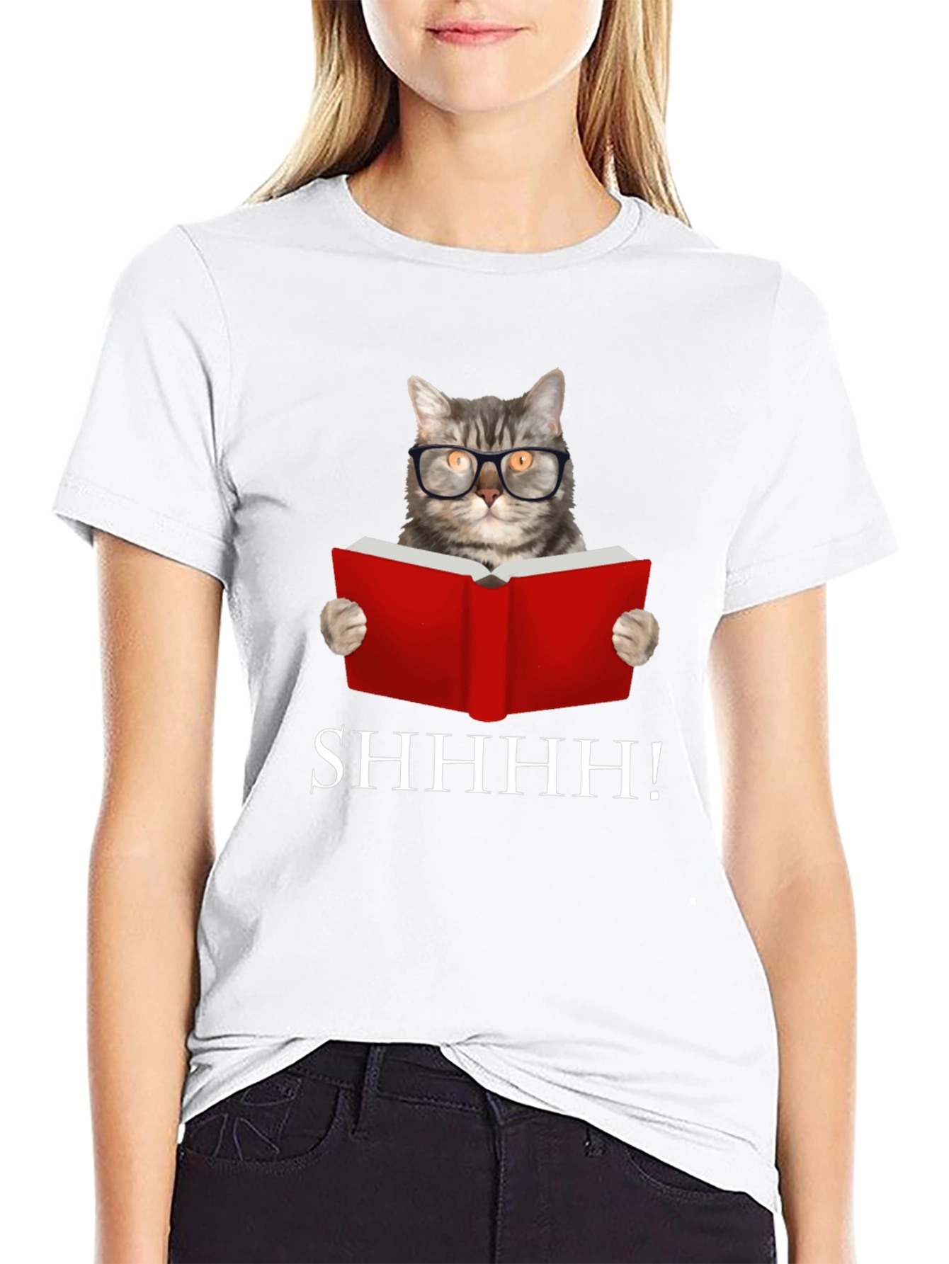 Black Shhh! Cat Reading Book Graphic Tee - Black view 9