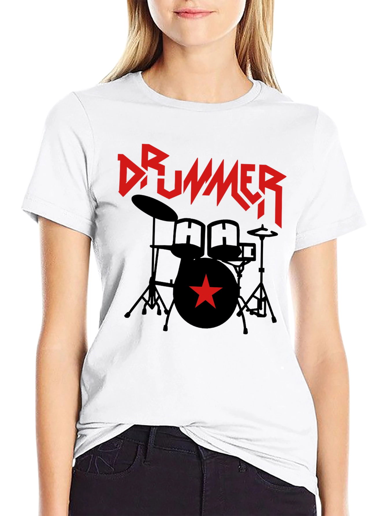 Black Drummer T-Shirt - Black Graphic Tee with Red Star & Drum Set view 9